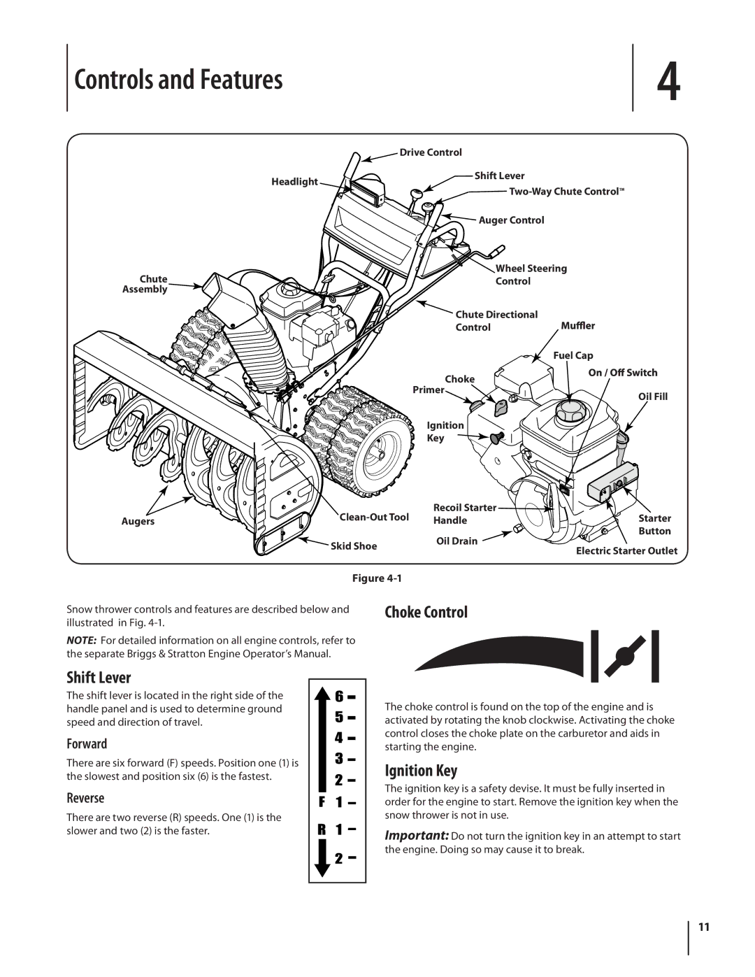 Cub Cadet 928 SWE, 945 SWE warranty Controls and Features, Shift Lever, Choke Control, Ignition Key 