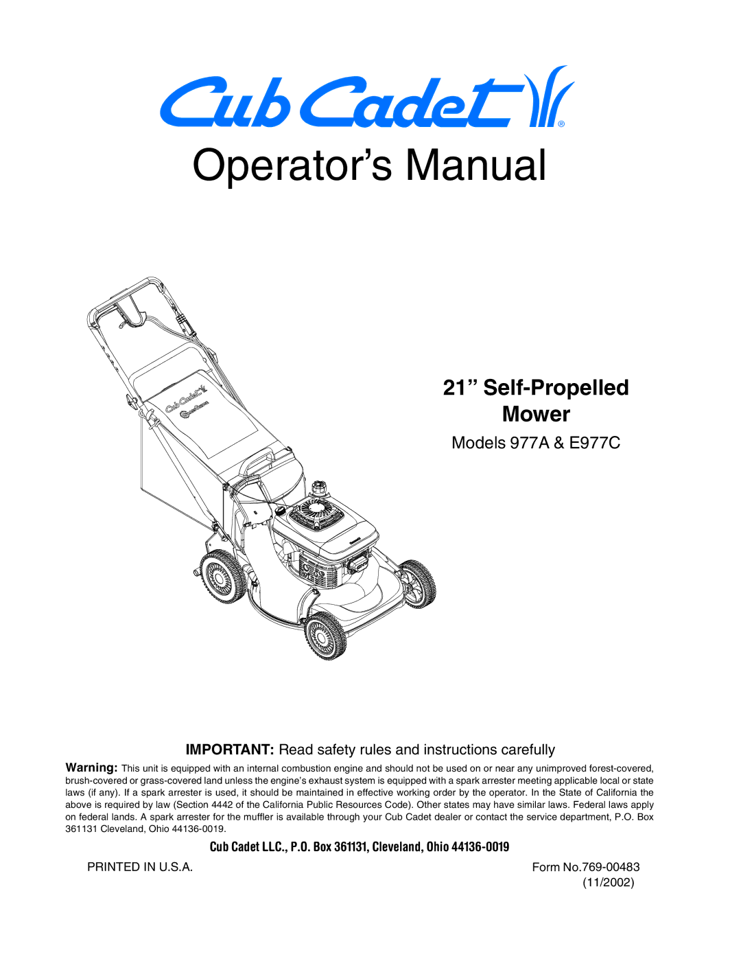 Cub Cadet E977C, 977A manual Operator’s Manual 