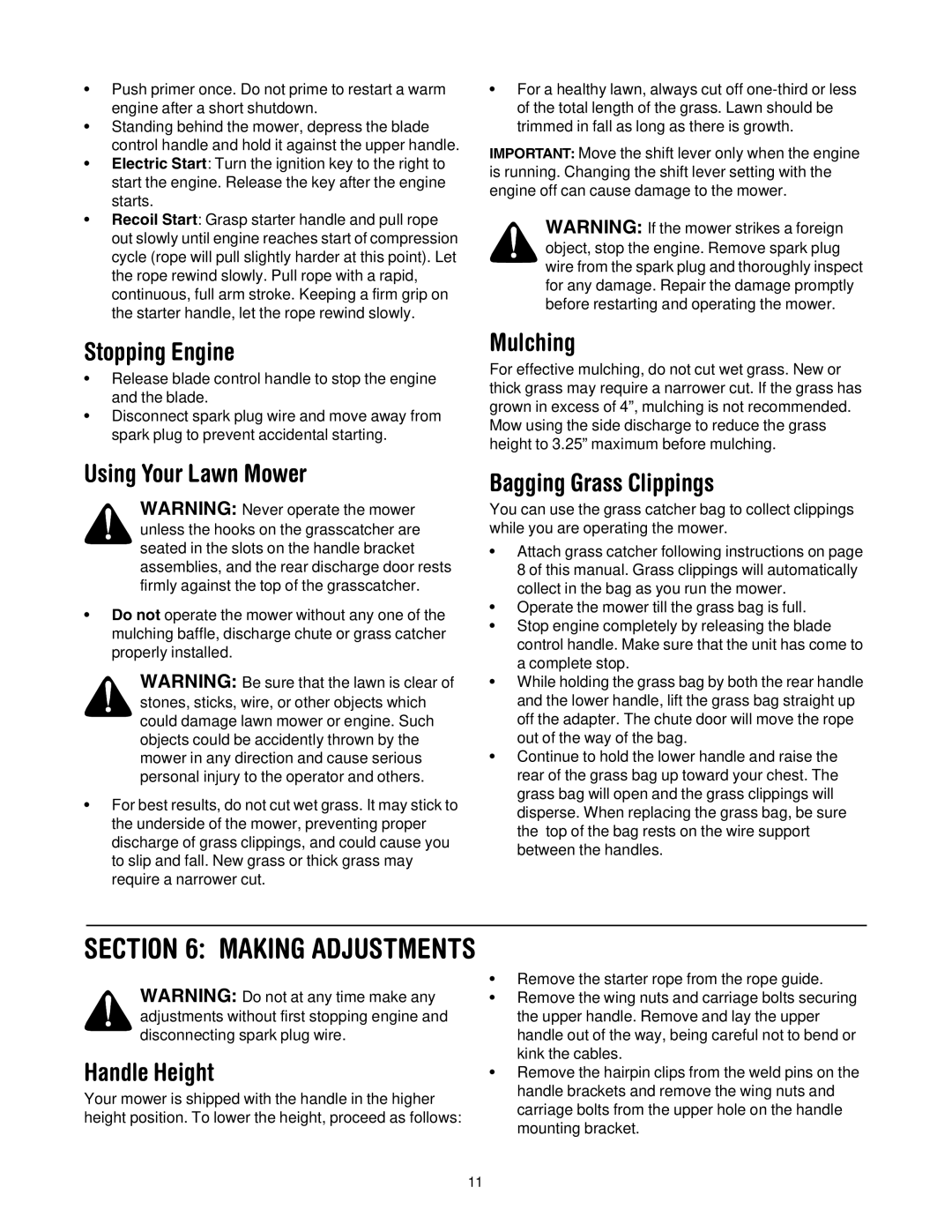 Cub Cadet E977C, 977A manual Stopping Engine, Using Your Lawn Mower, Mulching, Bagging Grass Clippings, Handle Height 