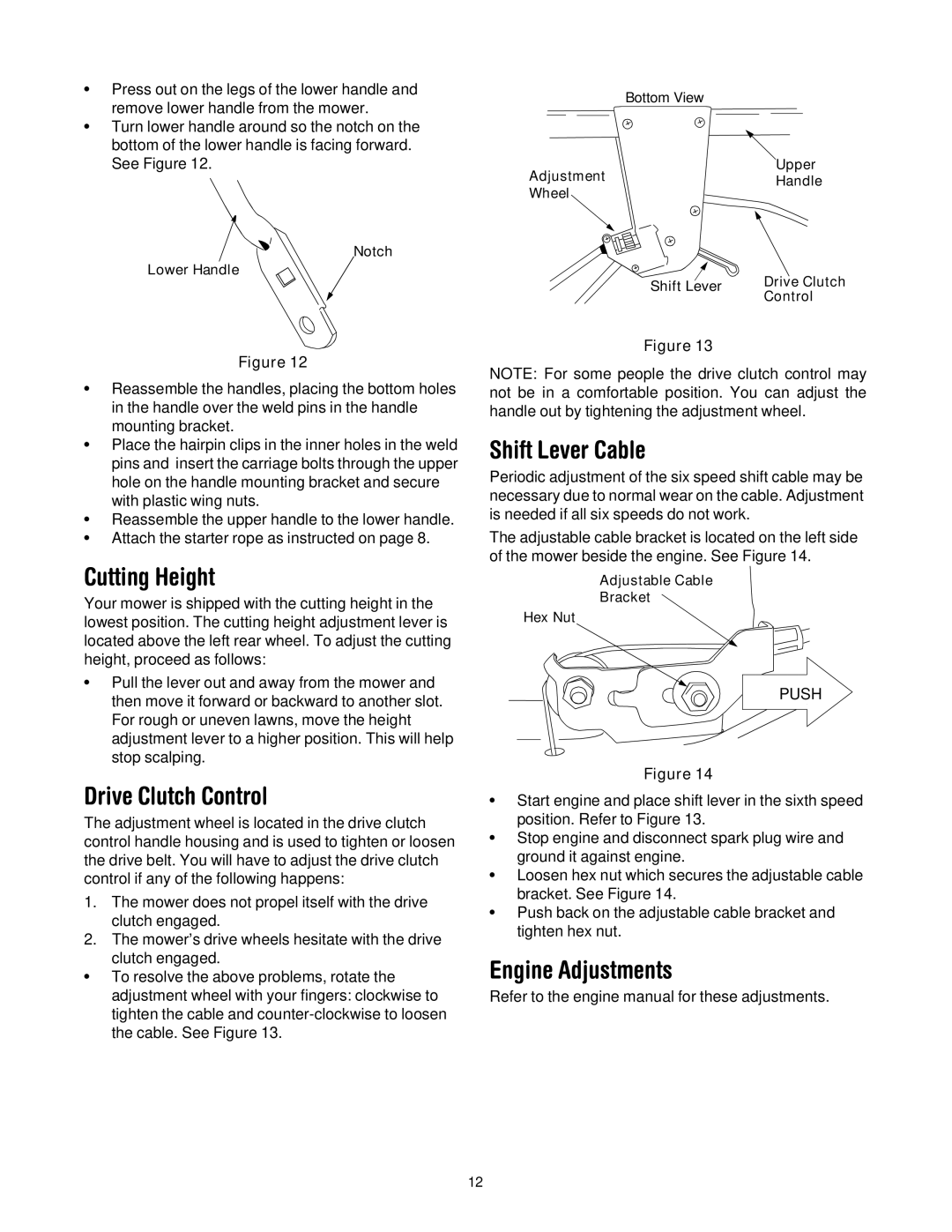 Cub Cadet 977A, E977C manual Cutting Height, Drive Clutch Control, Shift Lever Cable, Engine Adjustments 