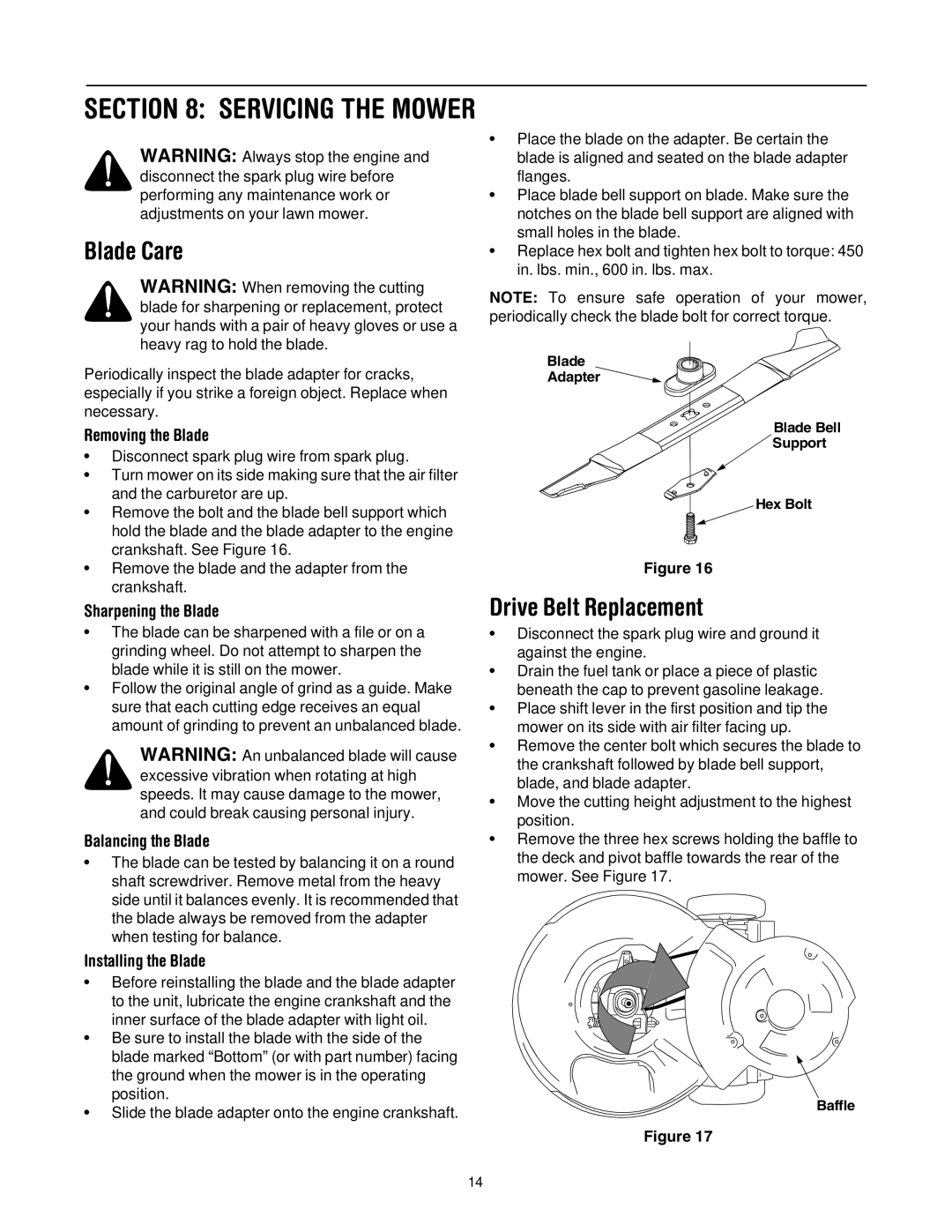 Cub Cadet 977A, E977C manual Blade Care, Drive Belt Replacement 