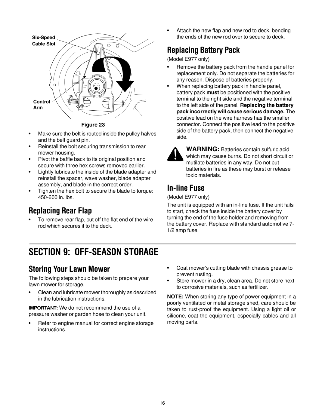 Cub Cadet 977A, E977C manual Replacing Rear Flap, Replacing Battery Pack, In-line Fuse, Storing Your Lawn Mower 