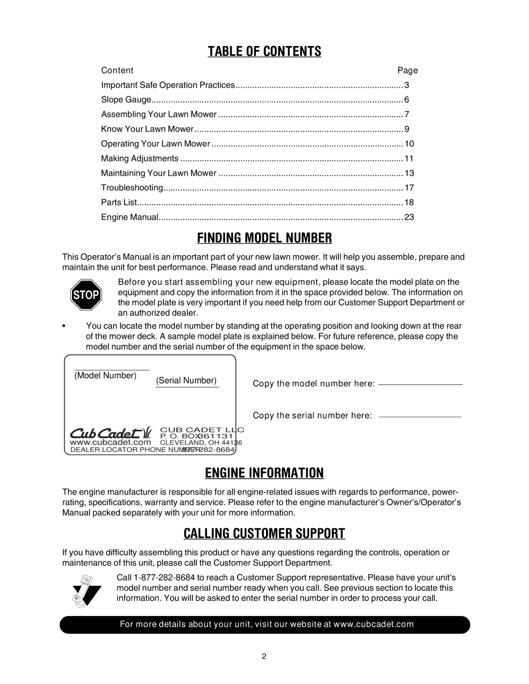 Cub Cadet 977A, E977C manual Table of Contents 