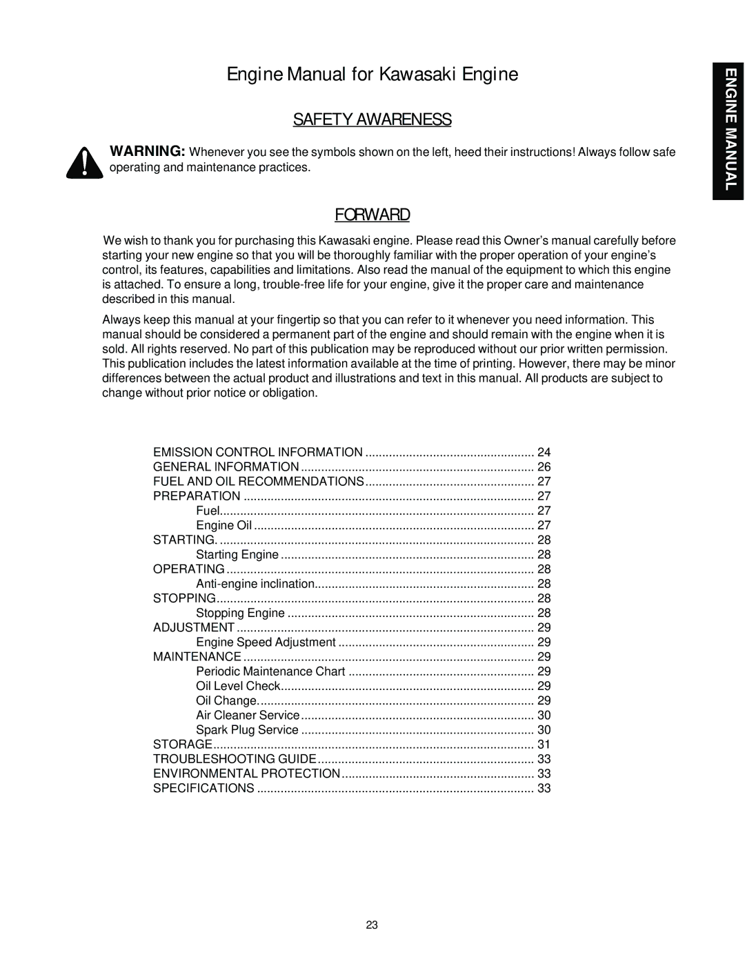 Cub Cadet E977C, 977A manual Engine Manual for Kawasaki Engine 