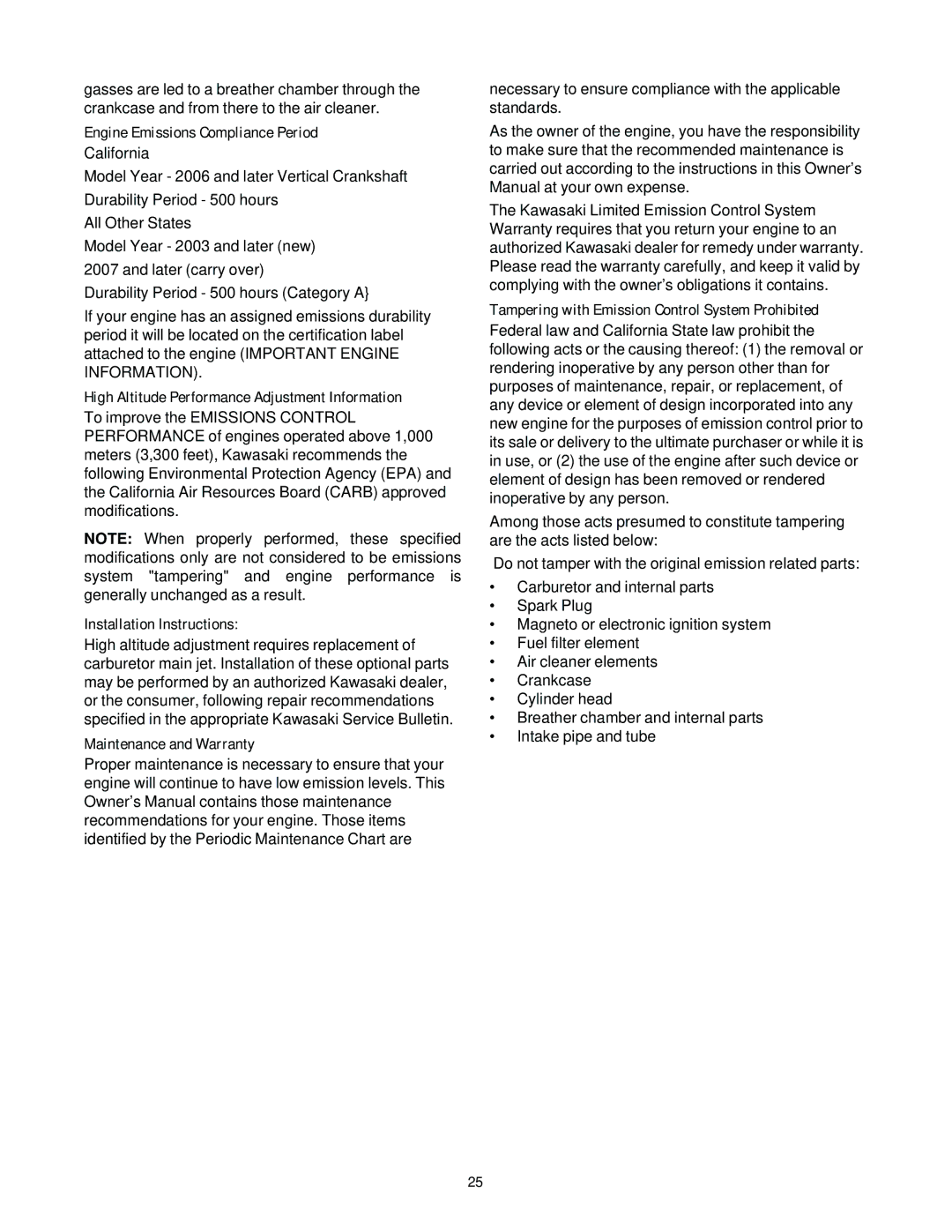 Cub Cadet E977C, 977A manual Engine Emissions Compliance Period, Installation Instructions, Maintenance and Warranty 