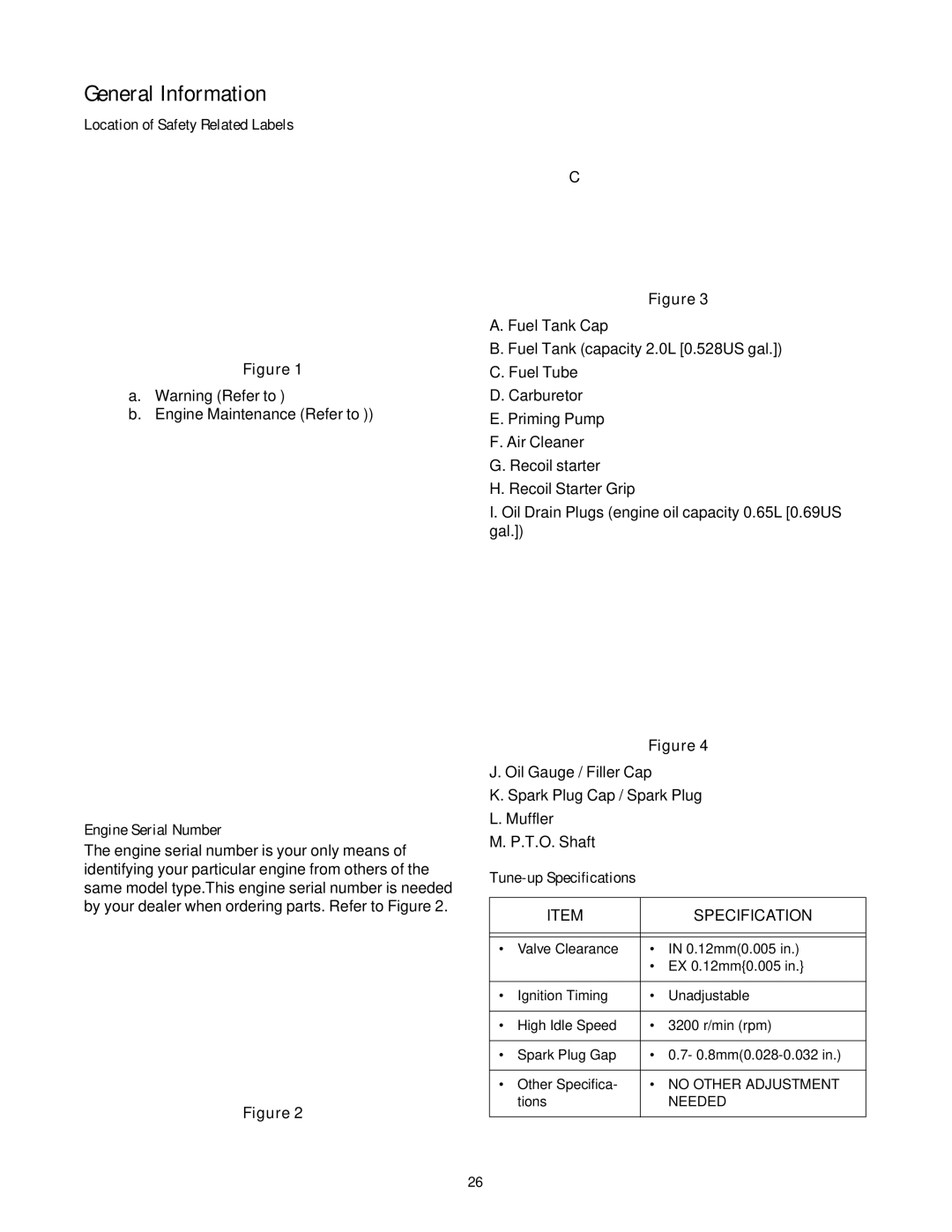 Cub Cadet 977A, E977C General Information, Location of Safety Related Labels, Engine Serial Number, Tune-up Specifications 