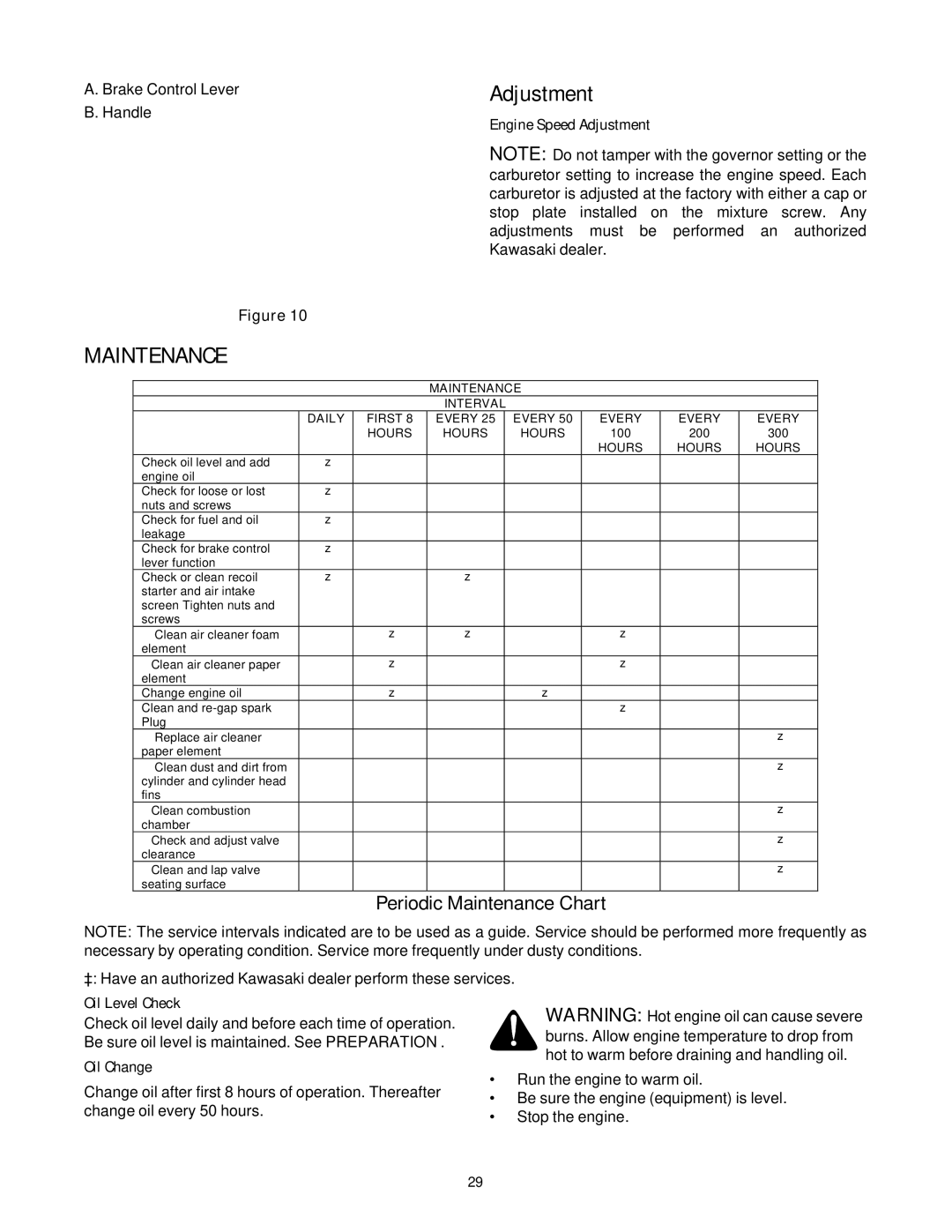 Cub Cadet E977C, 977A manual Engine Speed Adjustment, Oil Level Check, Oil Change 