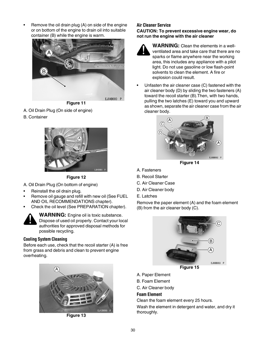 Cub Cadet 977A, E977C manual Cooling System Cleaning, Air Cleaner Service, Foam Element 