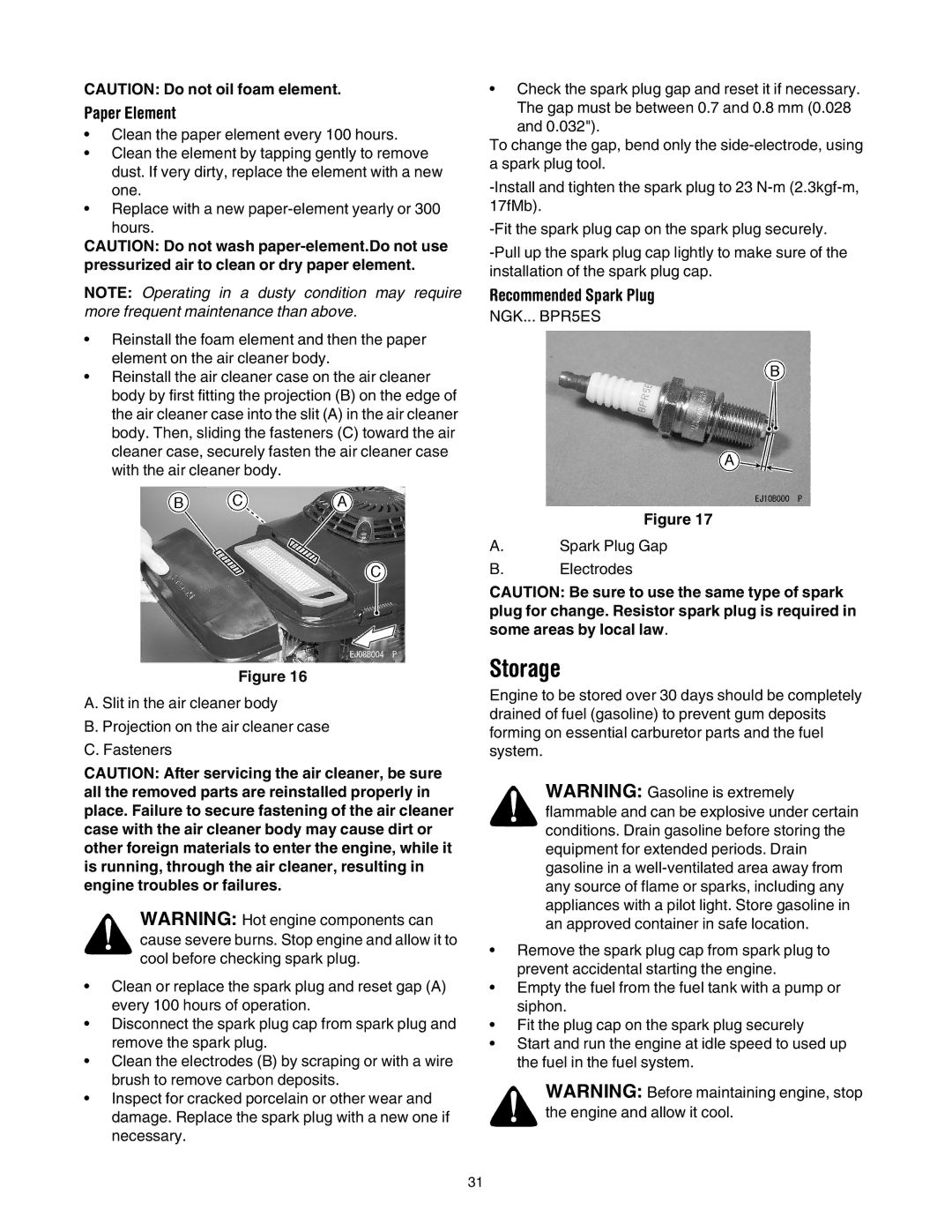 Cub Cadet E977C, 977A manual Storage, Paper Element, Recommended Spark Plug 