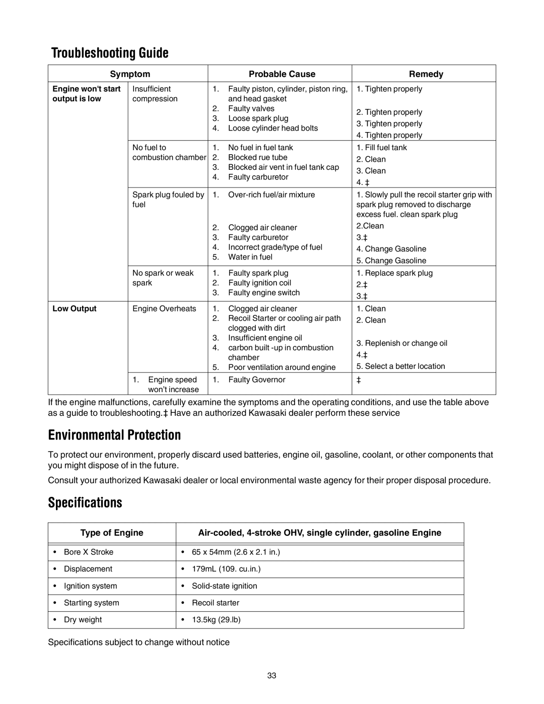 Cub Cadet E977C, 977A manual Troubleshooting Guide, Environmental Protection, Specifications 