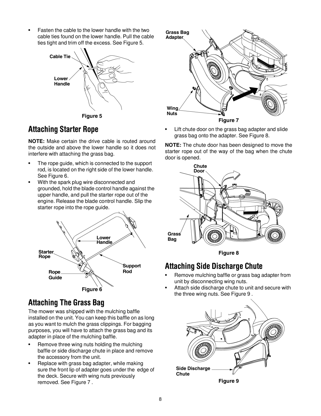 Cub Cadet 977A, E977C manual Attaching Starter Rope, Attaching The Grass Bag, Attaching Side Discharge Chute 