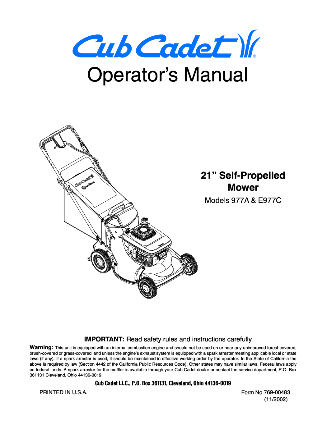 Cub Cadet E977C manual IMPORTANT Read safety rules and instructions carefully, Operator’s Manual, 21” Self-Propelled Mower 