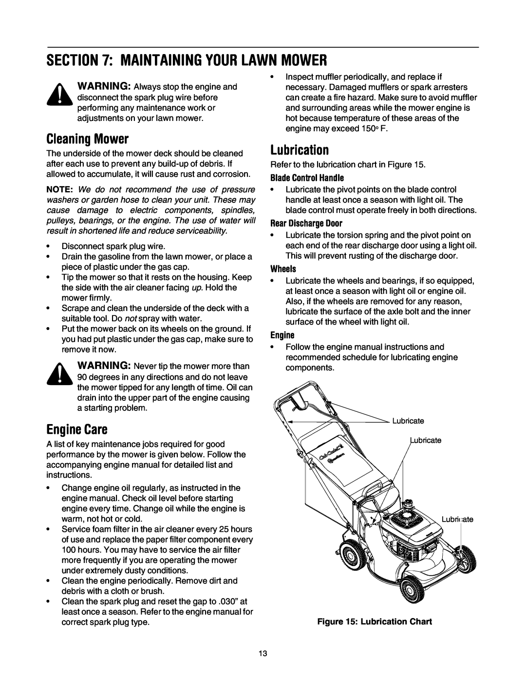 Cub Cadet E977C, 977A Maintaining Your Lawn Mower, Cleaning Mower, Engine Care, Lubrication, Rear Discharge Door, Wheels 