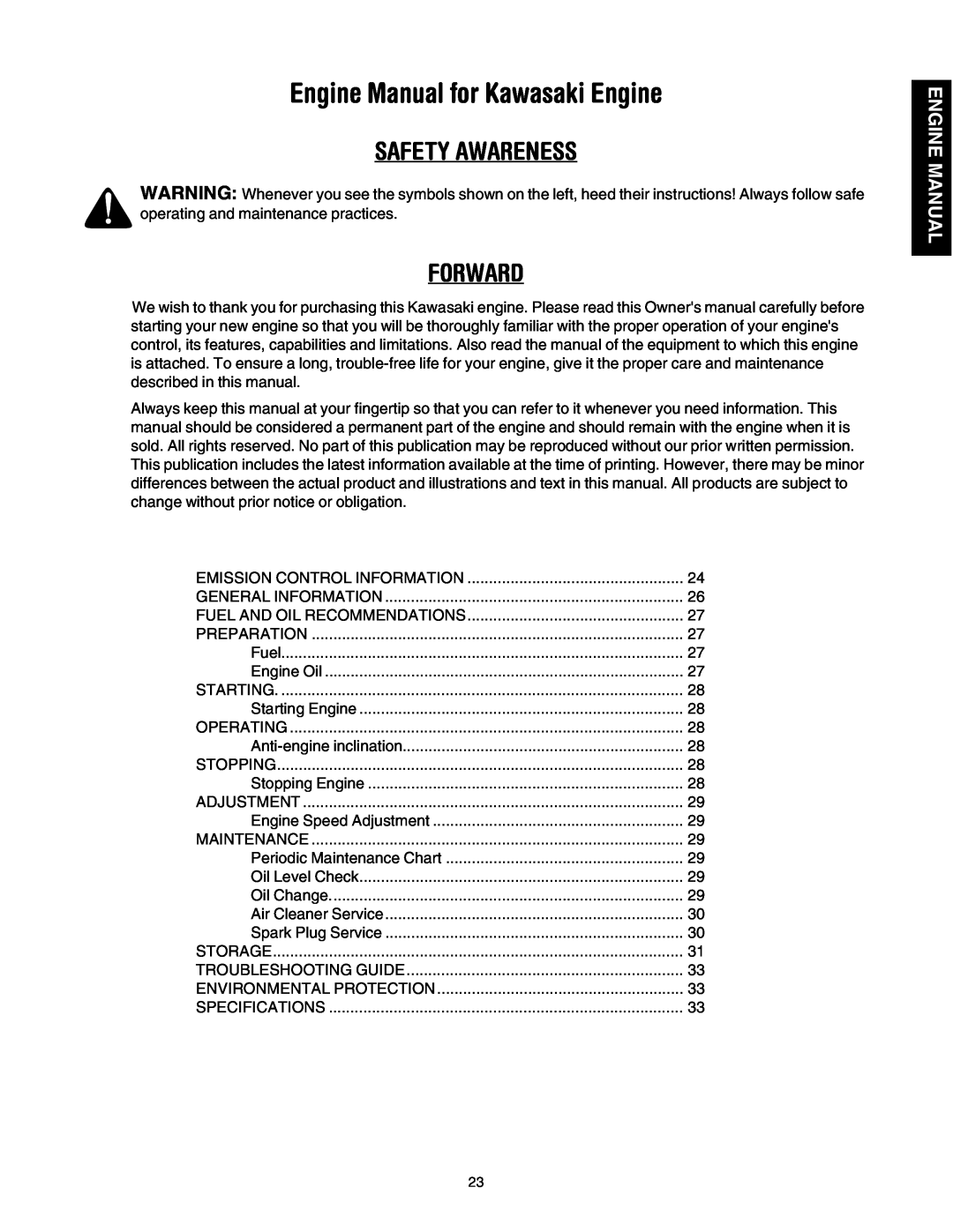 Cub Cadet E977C, 977A manual Engine Manual for Kawasaki Engine, Safety Awareness, Forward 