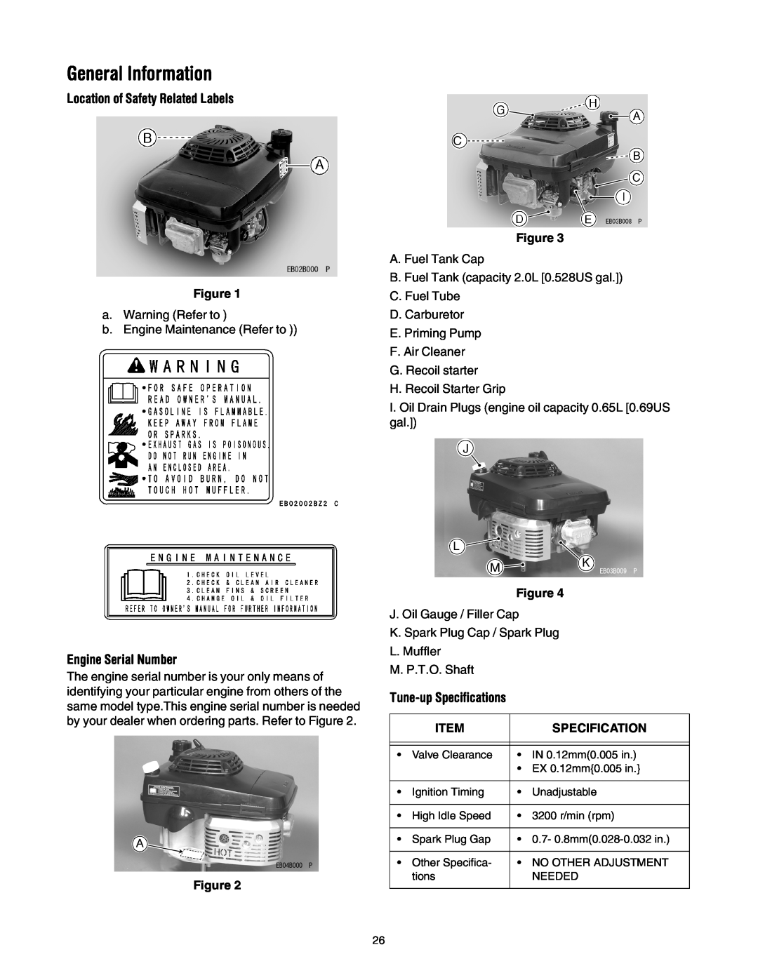 Cub Cadet 977A, E977C General Information, Location of Safety Related Labels, Engine Serial Number, Tune-up Specifications 