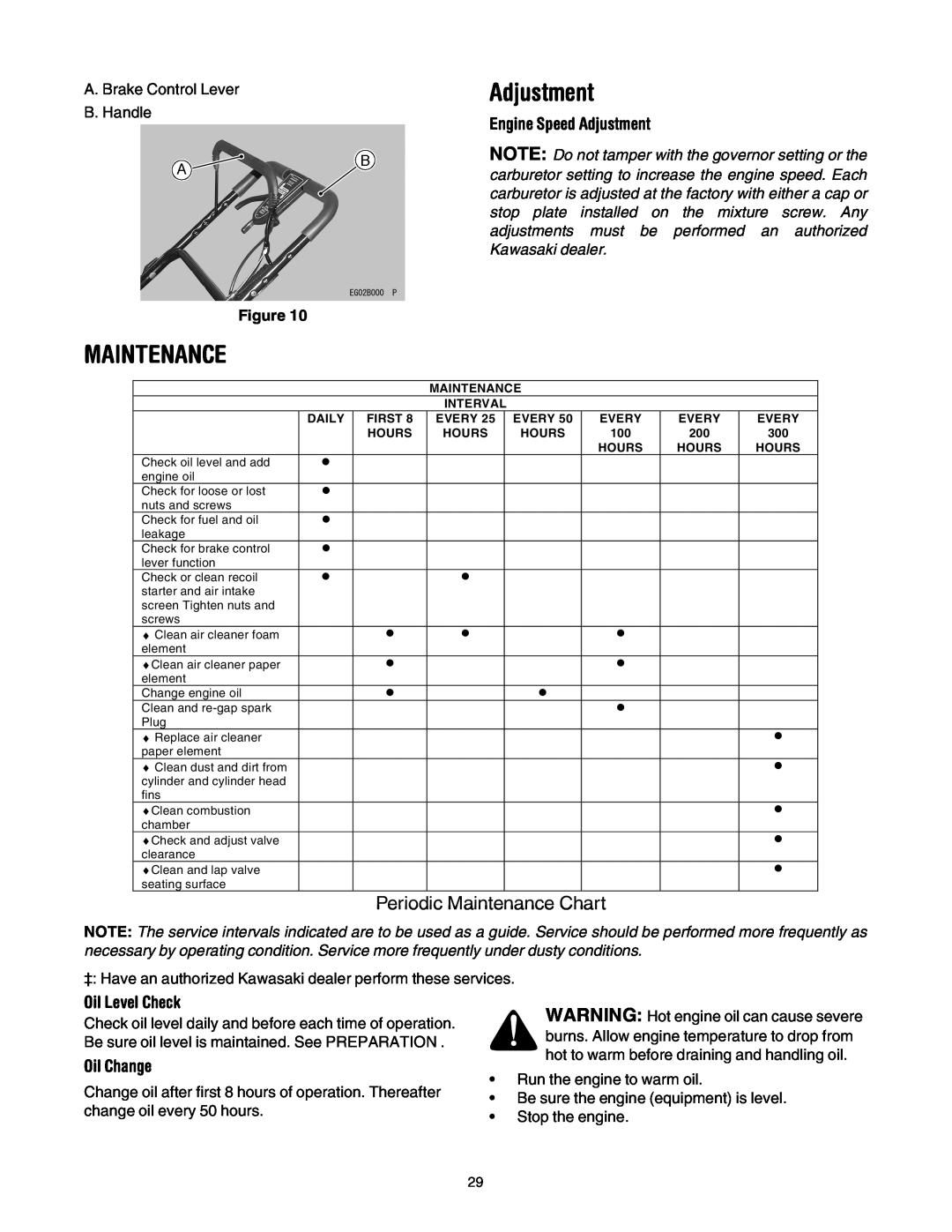 Cub Cadet E977C, 977A manual Periodic Maintenance Chart, Engine Speed Adjustment, Oil Level Check, Oil Change 