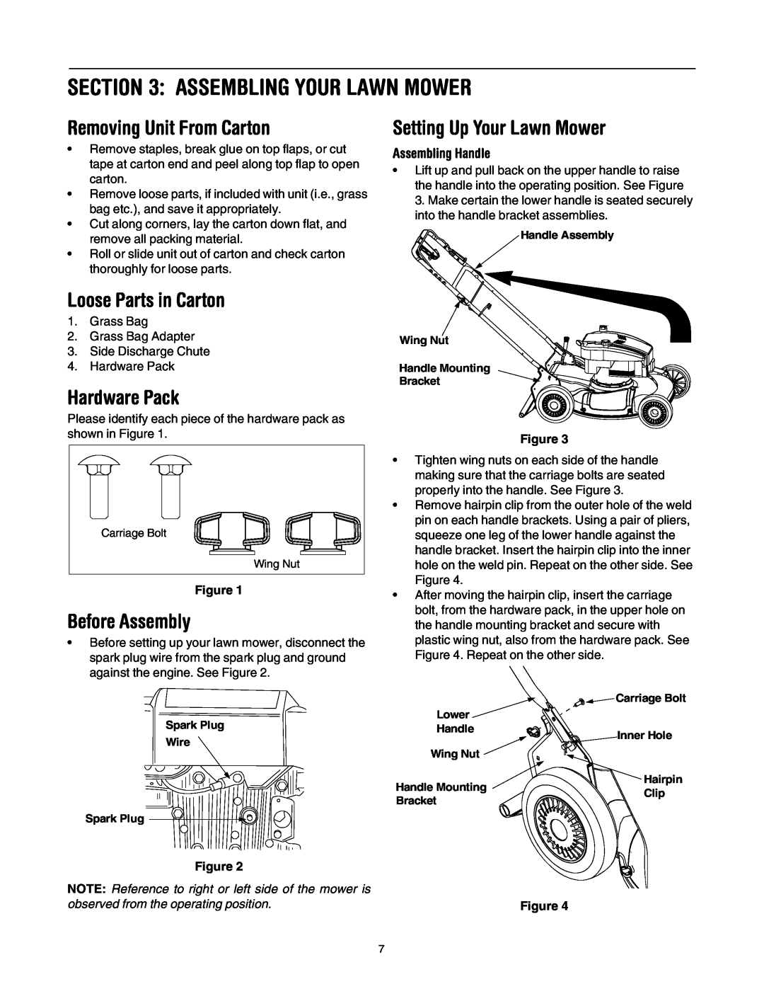 Cub Cadet E977C, 977A manual Assembling Your Lawn Mower, Removing Unit From Carton, Loose Parts in Carton, Hardware Pack 