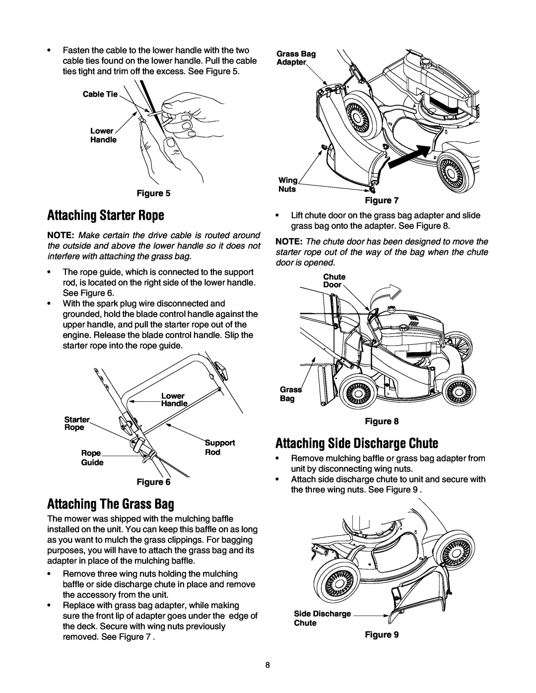 Cub Cadet 977A Attaching Starter Rope, Attaching The Grass Bag, Attaching Side Discharge Chute, Cable Tie Lower Handle 