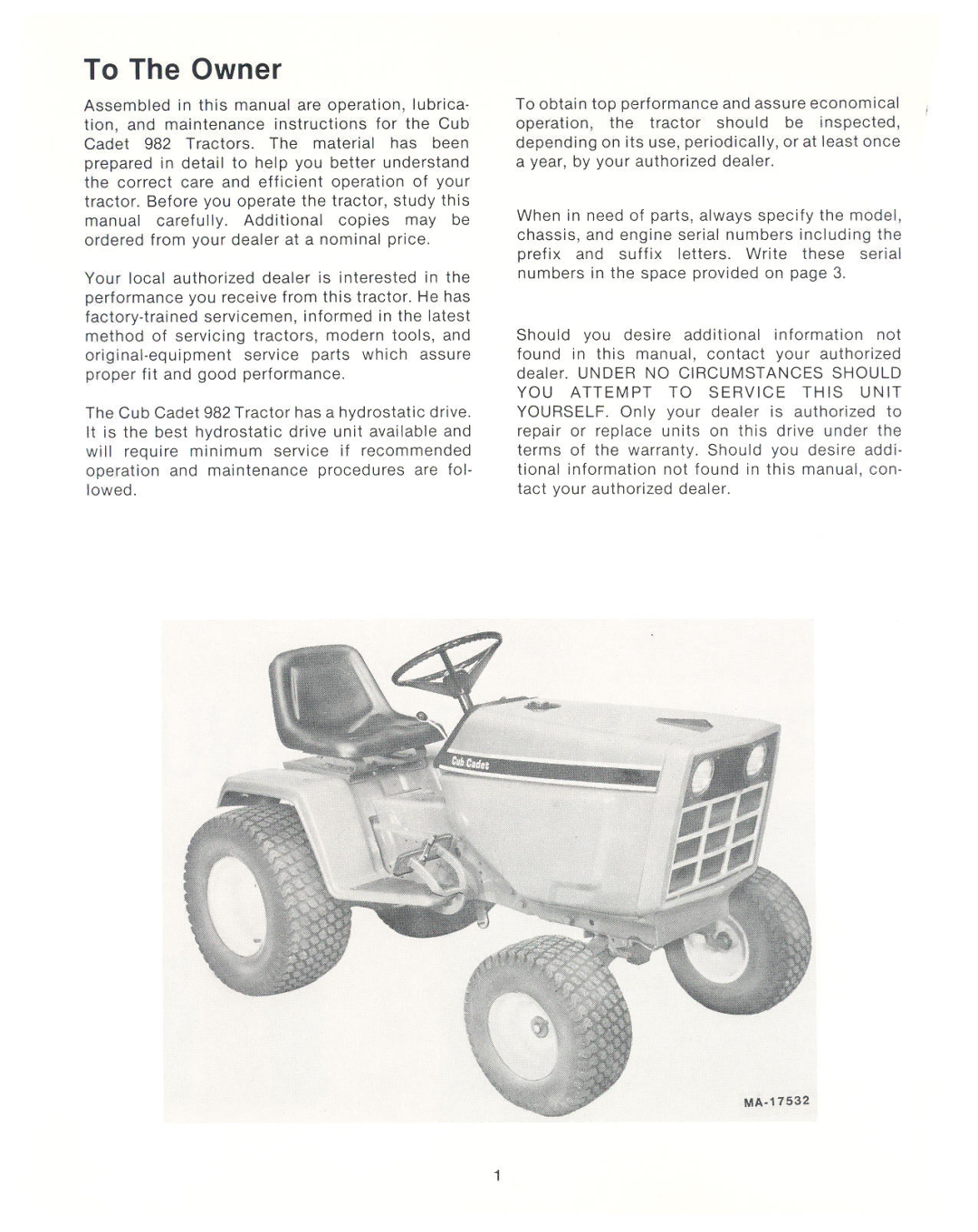 Cub Cadet 982 manual 