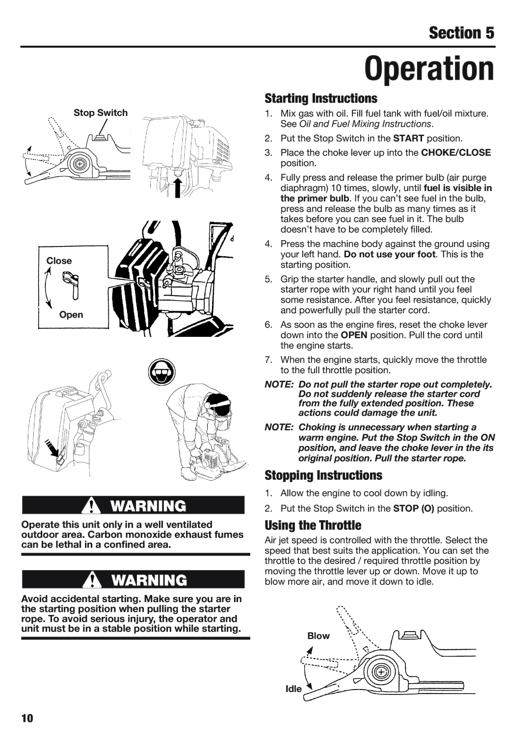 Cub Cadet BB40 manual Operation, Starting Instructions, Stopping Instructions, Using the Throttle 