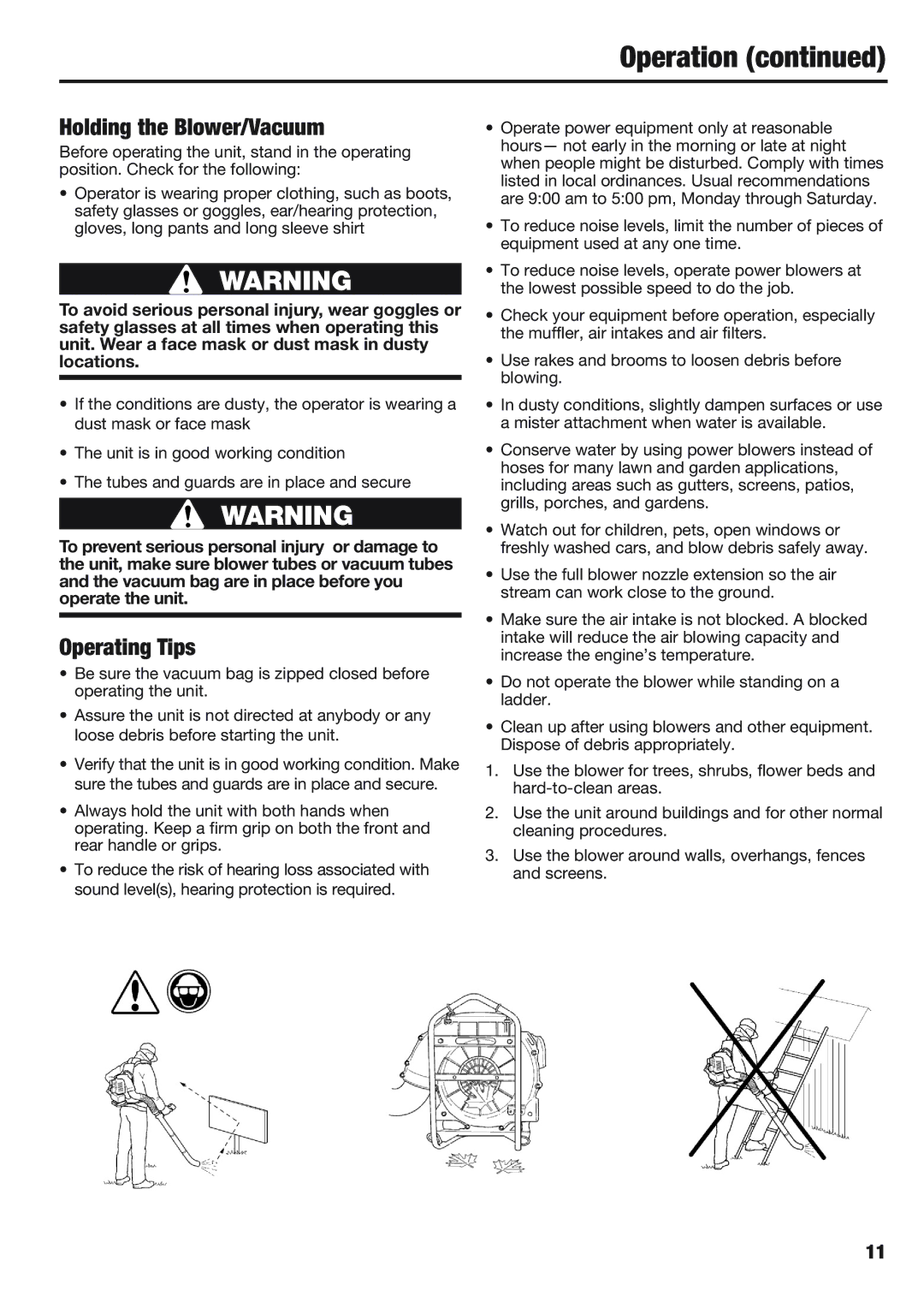 Cub Cadet BB40 manual Holding the Blower/Vacuum, Operating Tips 