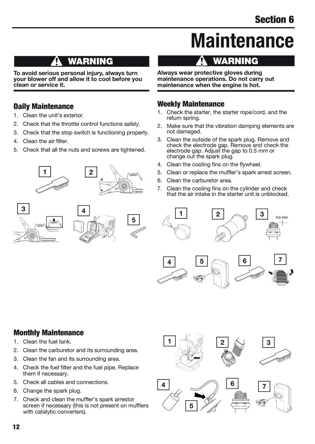 Cub Cadet BB40 manual Daily Maintenance, Weekly Maintenance, Monthly Maintenance 