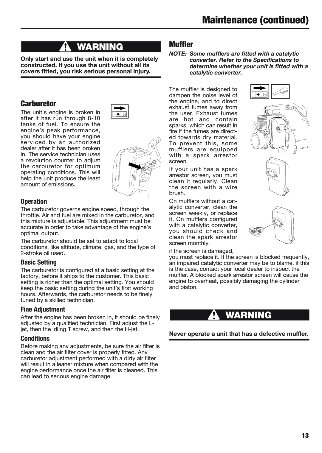 Cub Cadet BB40 manual Carburetor, Muffler 