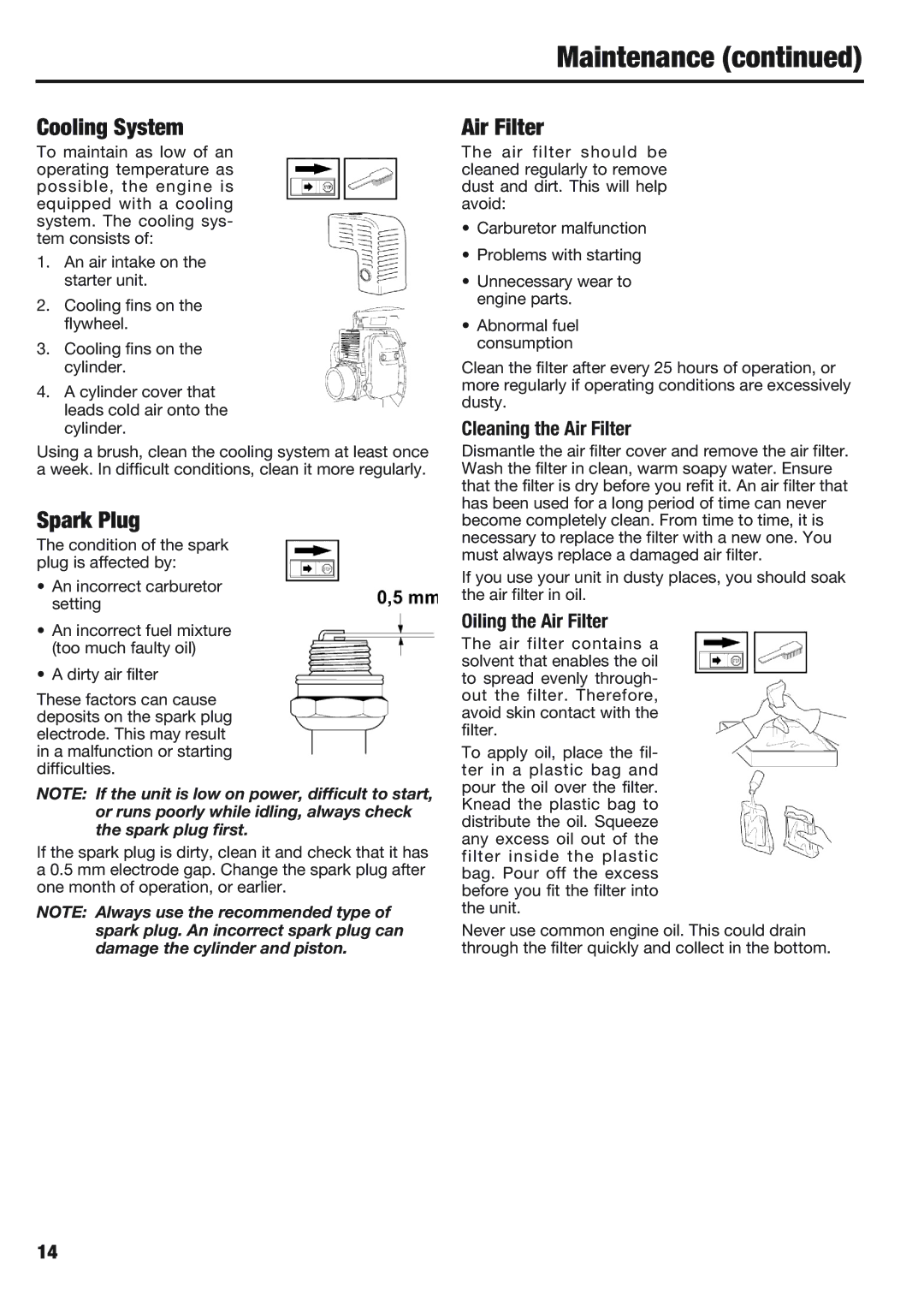 Cub Cadet BB40 manual Cooling System, Spark Plug, Cleaning the Air Filter, Oiling the Air Filter 