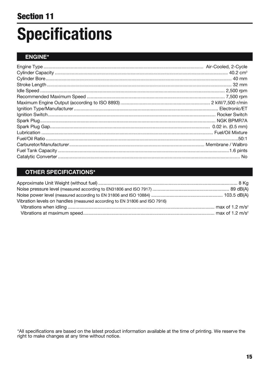 Cub Cadet BB40 manual Specifications, Engine 