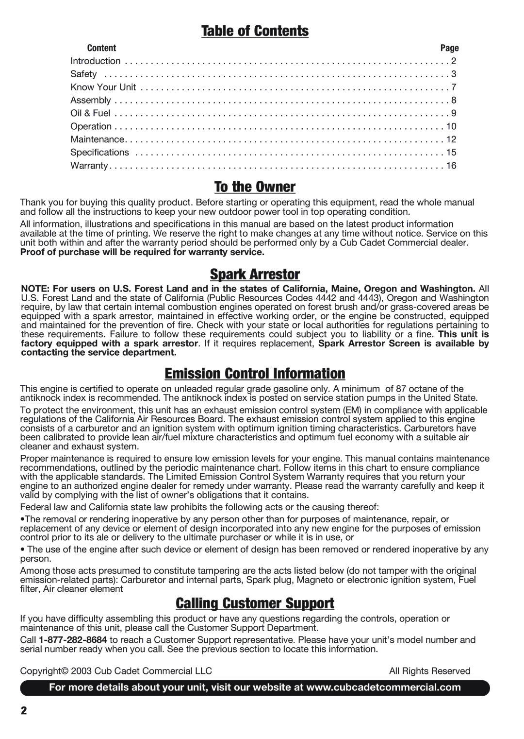 Cub Cadet BB40 manual Table of Contents 