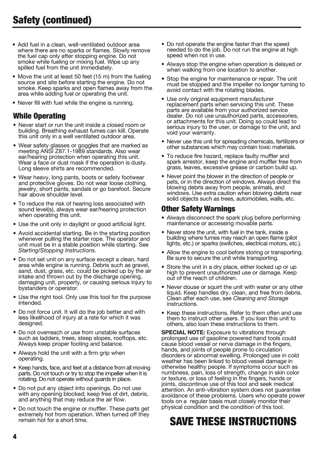 Cub Cadet BB40 manual While Operating, Other Safety Warnings 