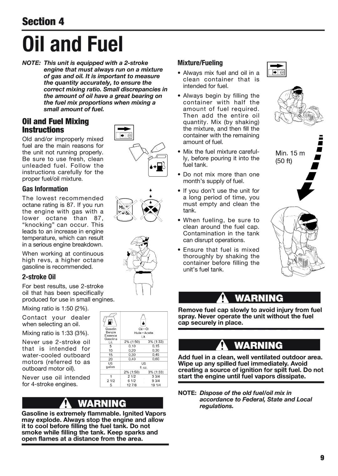 Cub Cadet BB40 manual Oil and Fuel Mixing Instructions, Gas Information, Stroke Oil, Mixture/Fueling 