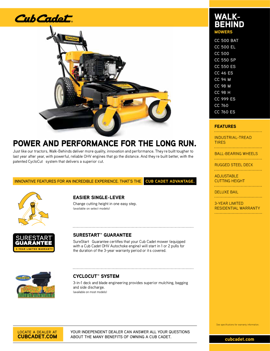 Cub Cadet CC 500 EL, CC 550 SP warranty Walk Behind, Easier SINGLE-LEVER, Surestart Guarantee, Cyclocut System 