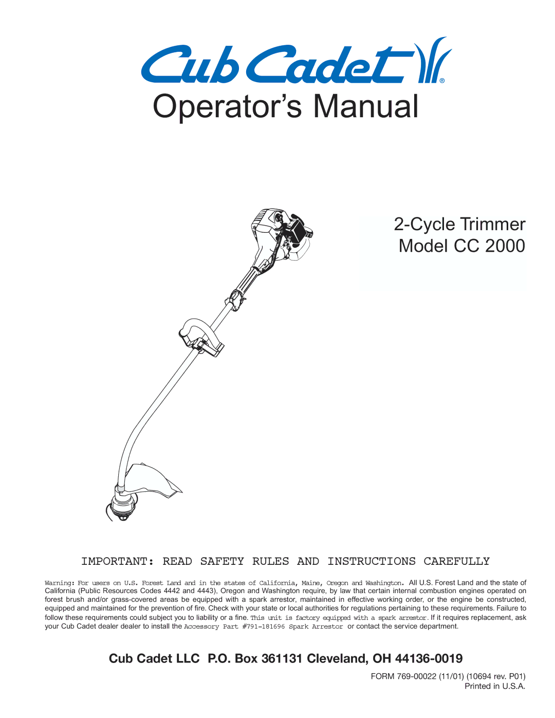 Cub Cadet CC2000 manual Operator’s Manual 