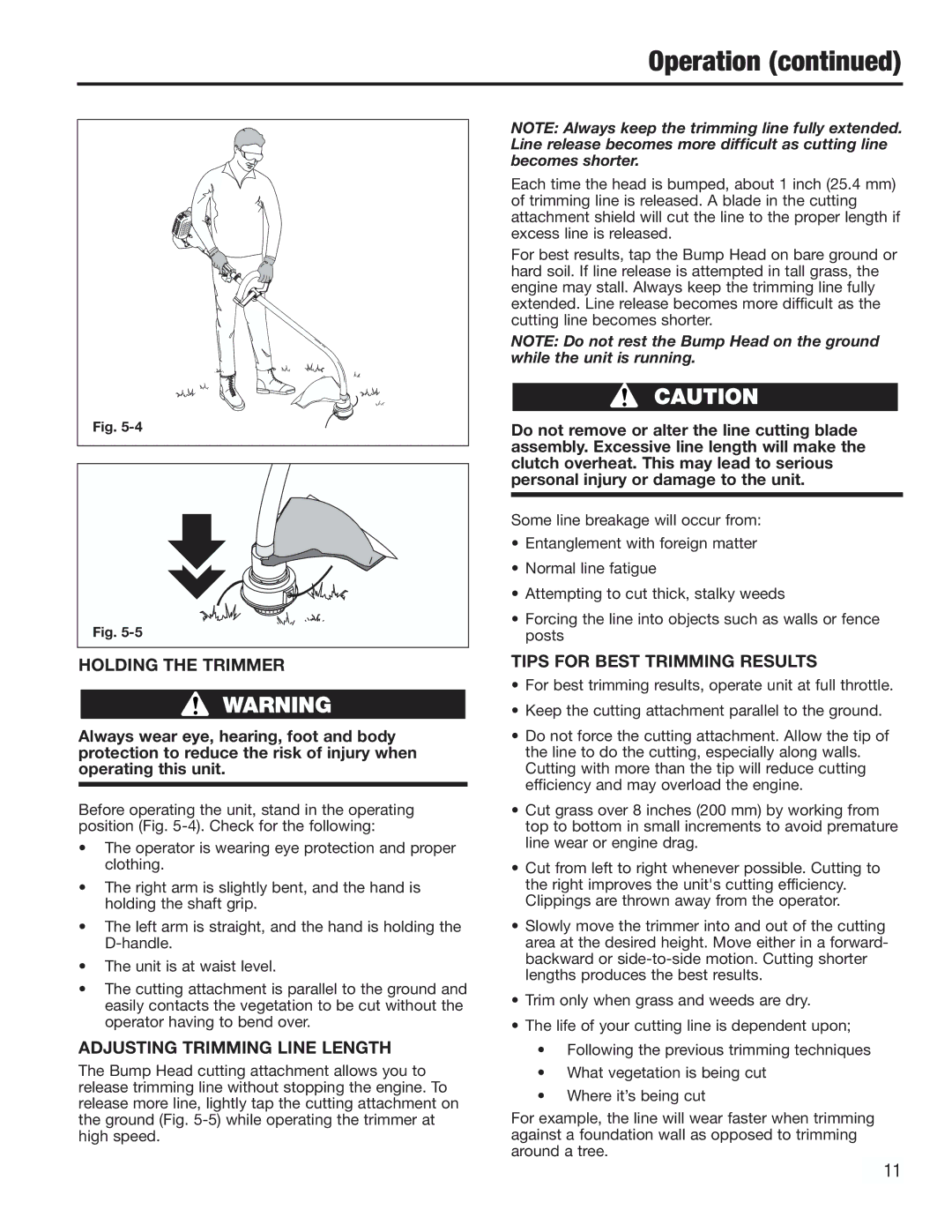 Cub Cadet CC2000 manual Operation, Holding the Trimmer, Adjusting Trimming Line Length, Tips for Best Trimming Results 