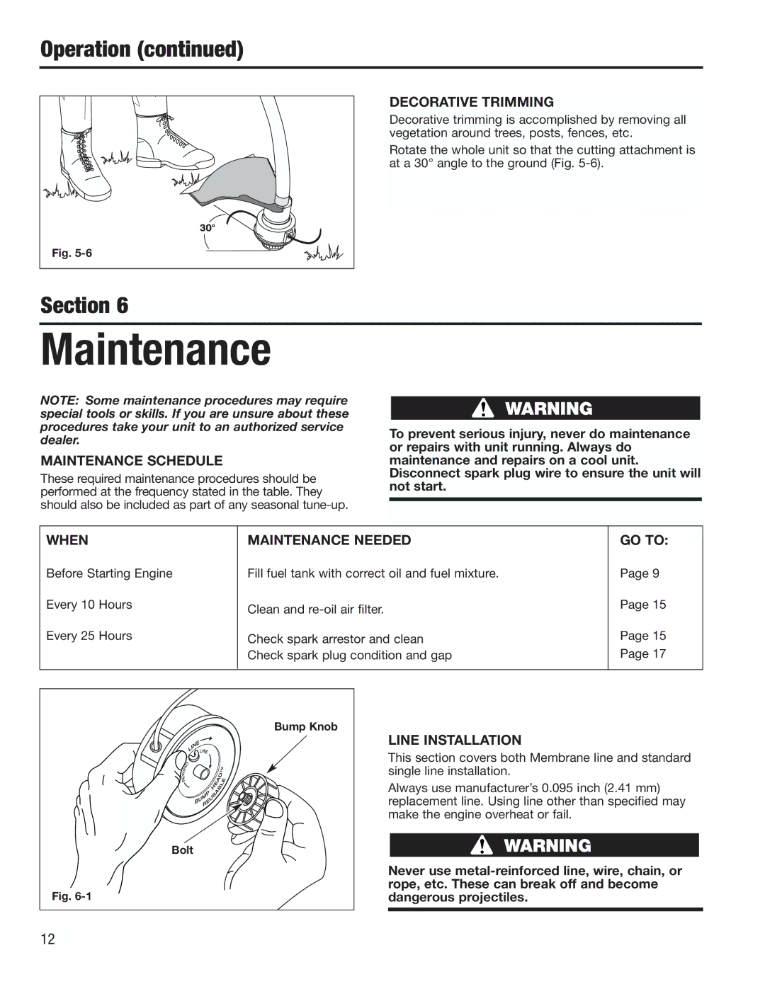 Cub Cadet CC2000 manual Decorative Trimming, Maintenance Schedule, When Maintenance Needed GO to, Line Installation 