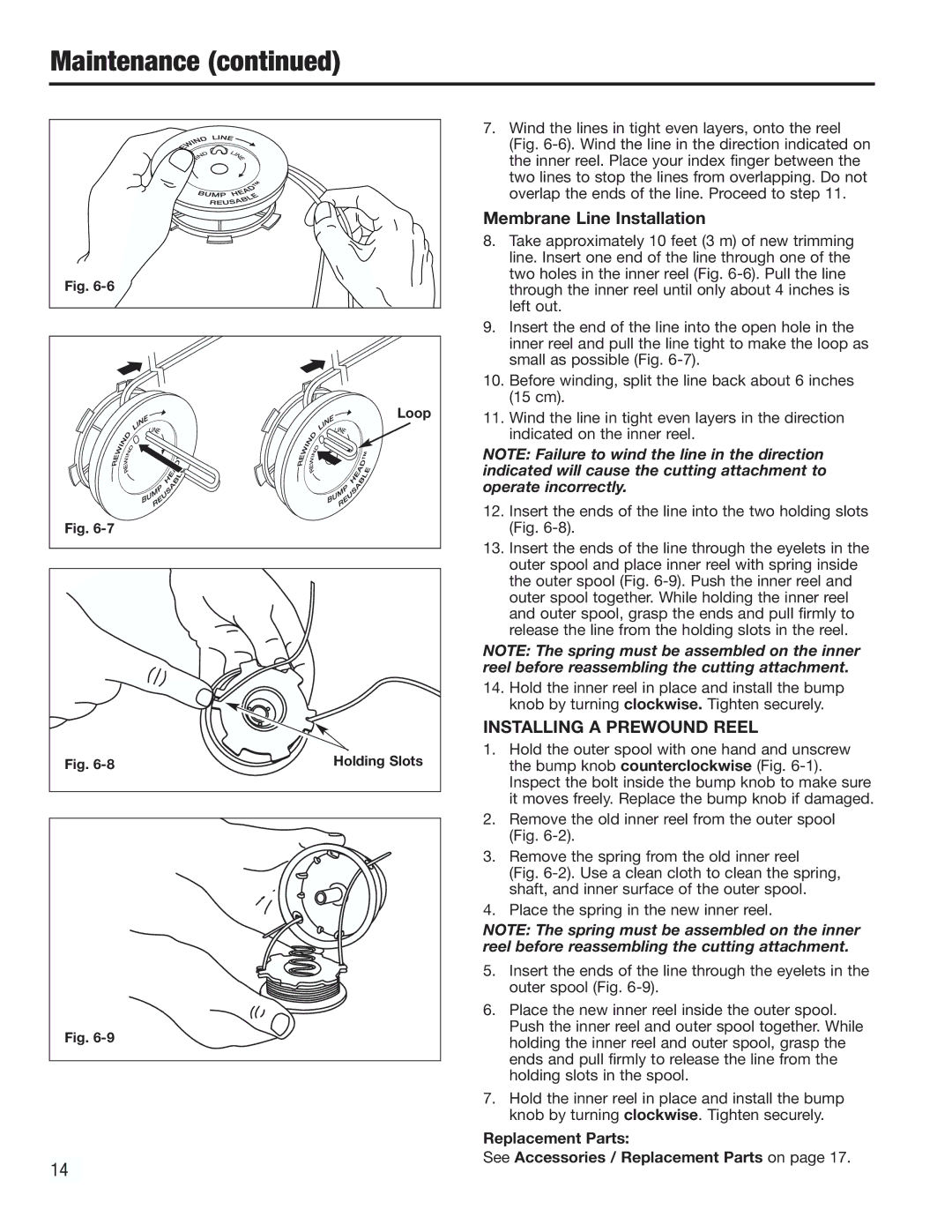 Cub Cadet CC2000 manual Installing a Prewound Reel, Replacement Parts See Accessories / Replacement Parts on, Holding Slots 