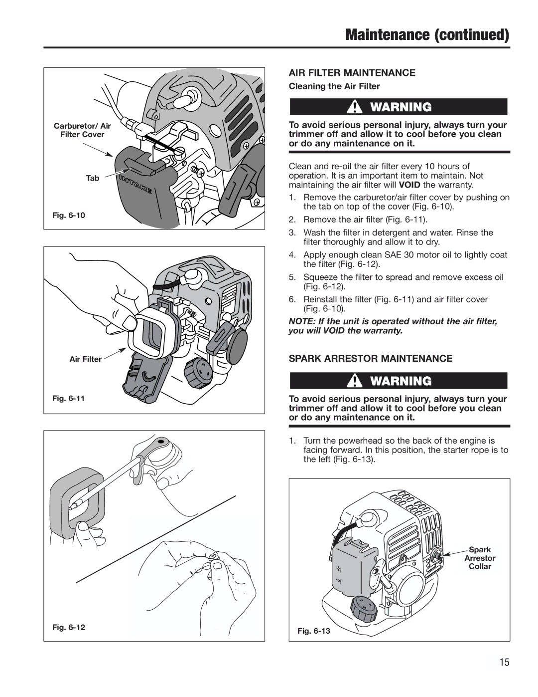 Cub Cadet CC2000 manual AIR Filter Maintenance, Spark Arrestor Maintenance, Cleaning the Air Filter 