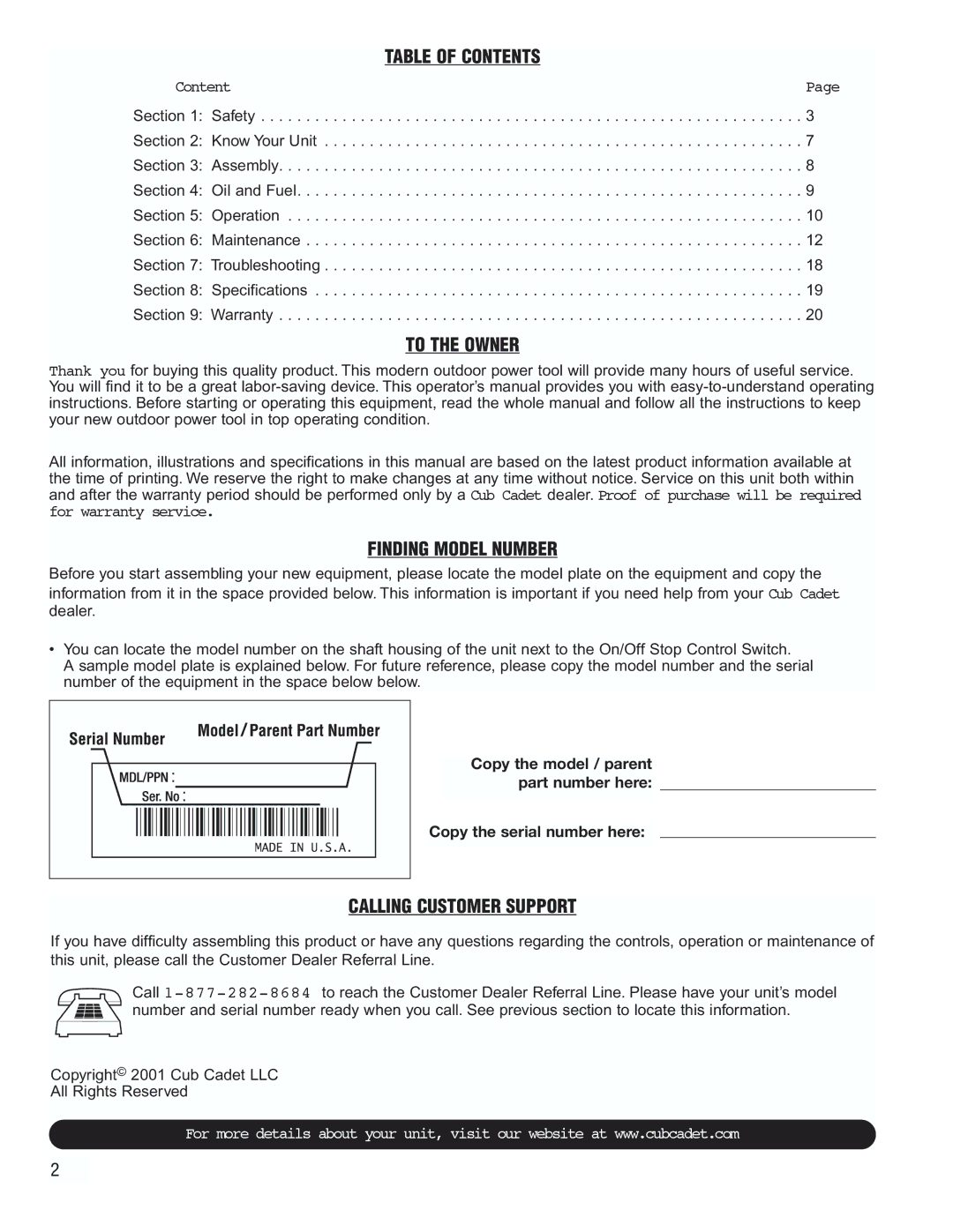 Cub Cadet CC2000 manual Table of Contents 