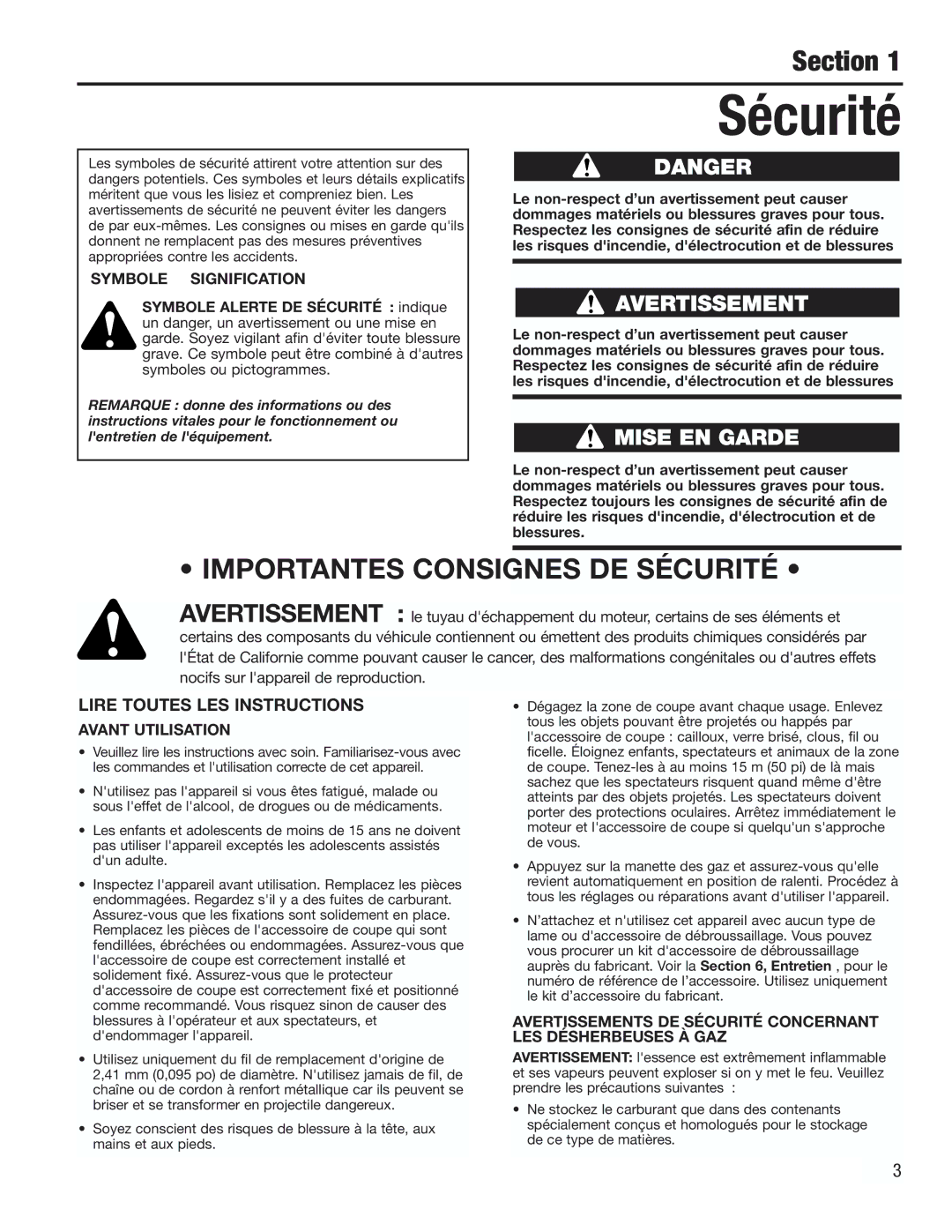 Cub Cadet CC2000 manual Sécurité, Lire Toutes LES Instructions, Symbole Signification, Avant Utilisation 