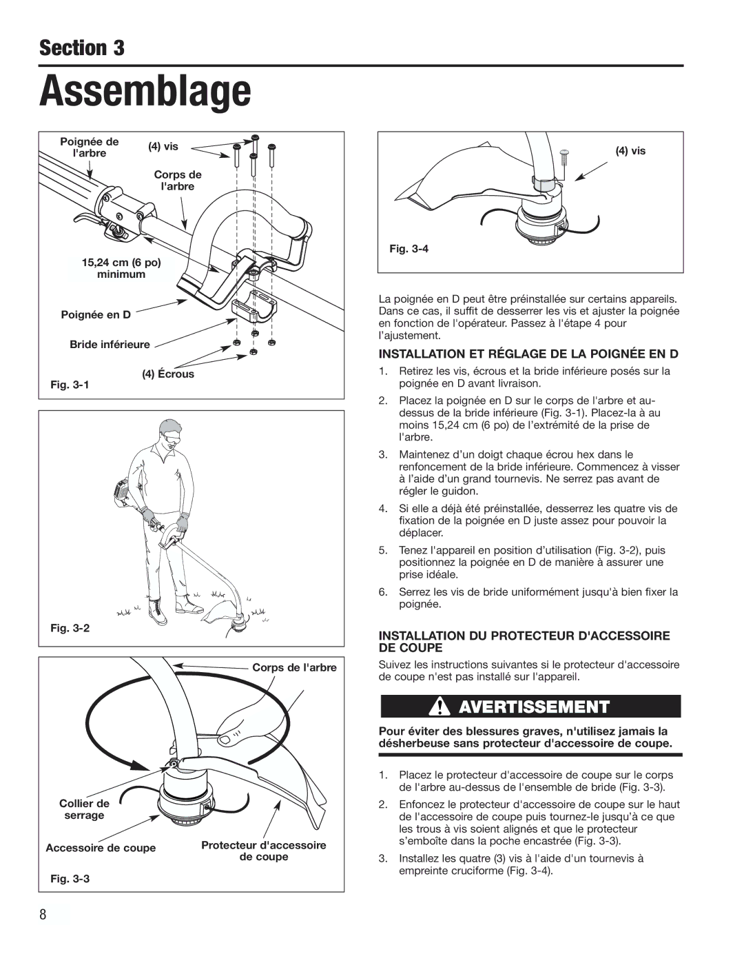 Cub Cadet CC2000 Installation ET Réglage DE LA Poignée EN D, Installation DU Protecteur Daccessoire DE Coupe, Collier de 