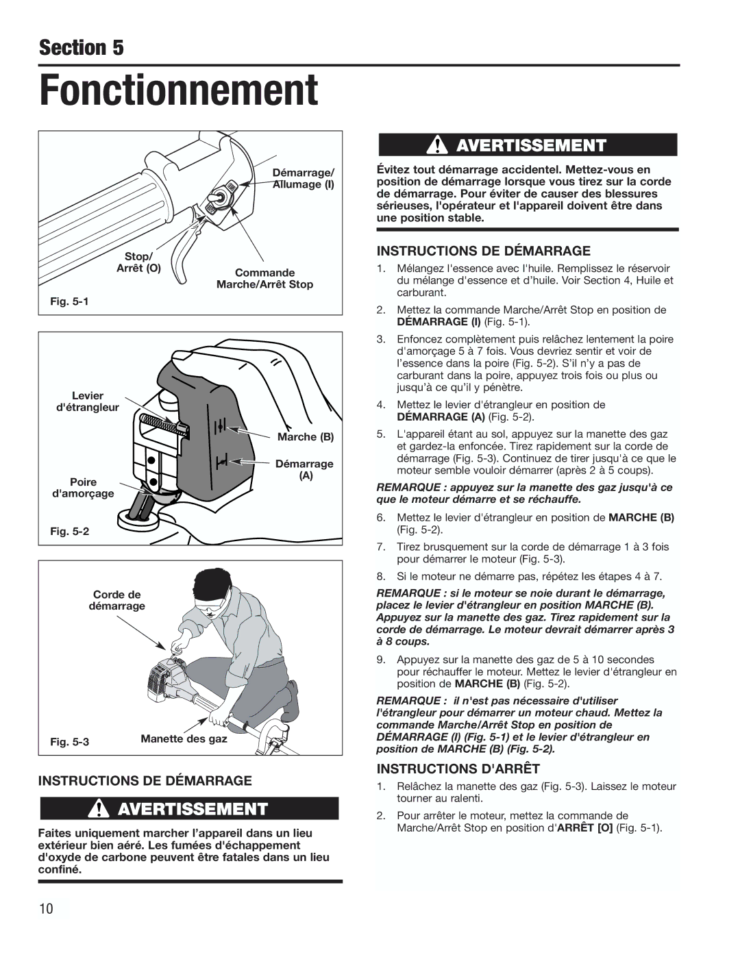 Cub Cadet CC2000 manual Fonctionnement, Instructions DE Démarrage, Instructions Darrêt 