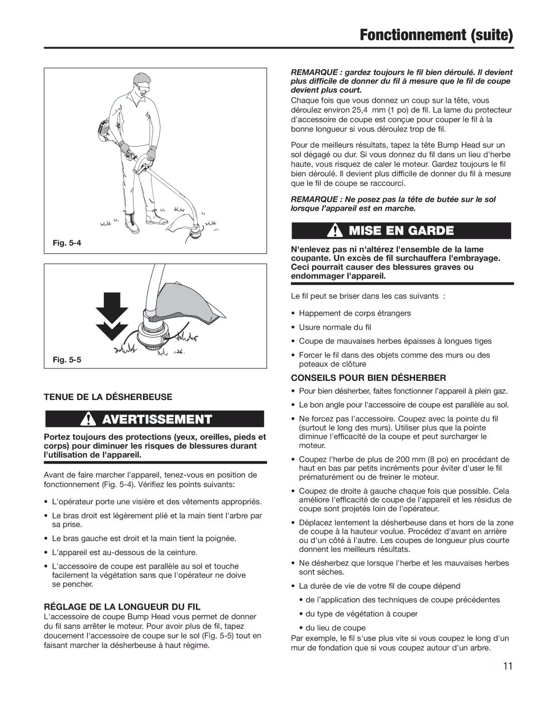 Cub Cadet CC2000 manual Fonctionnement suite, Tenue DE LA Désherbeuse, Réglage DE LA Longueur DU FIL 