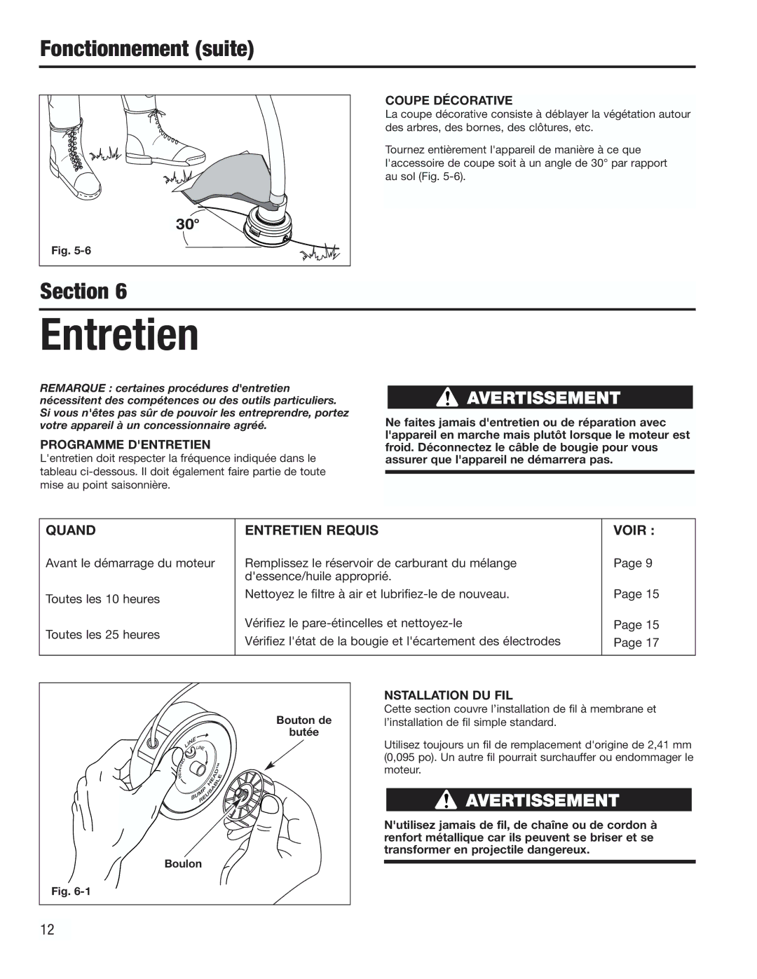 Cub Cadet CC2000 manual Quand Entretien Requis Voir, Coupe Décorative, Programme Dentretien, Nstallation DU FIL 