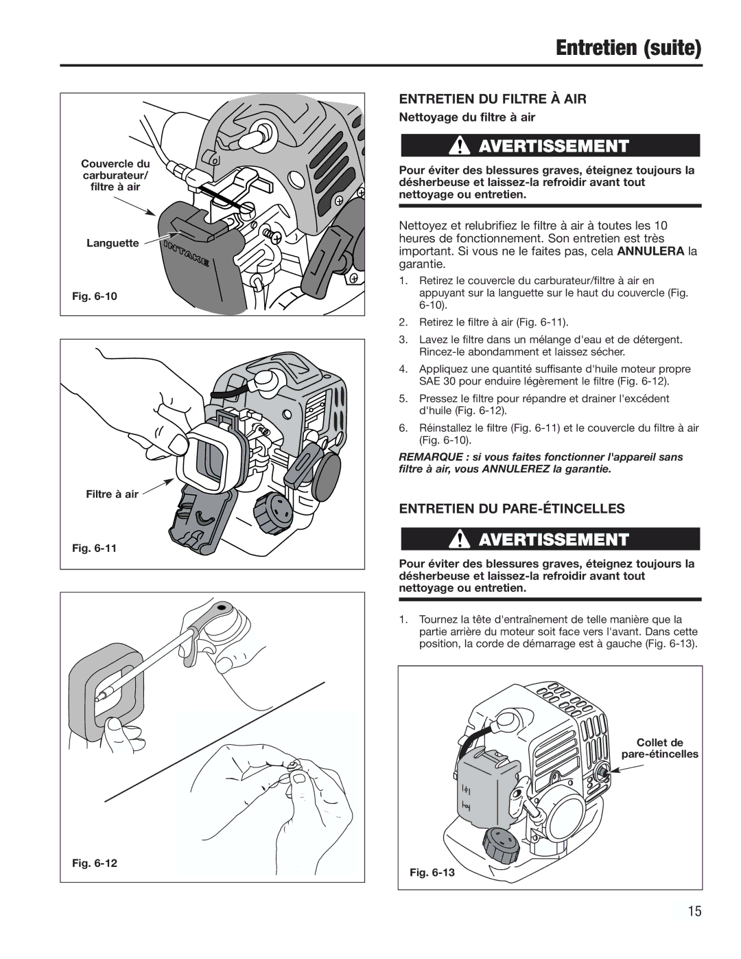 Cub Cadet CC2000 manual Entretien DU Filtre À AIR, Entretien DU PARE-ÉTINCELLES 