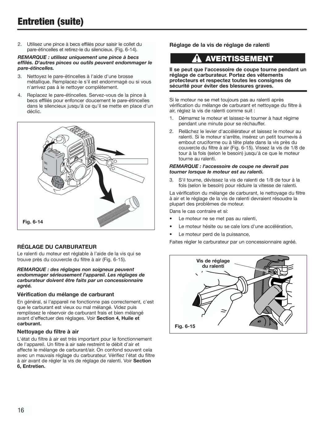 Cub Cadet CC2000 Réglage DU Carburateur, Vérification du mélange de carburant, Nettoyage du filtre à air, Vis de réglage 