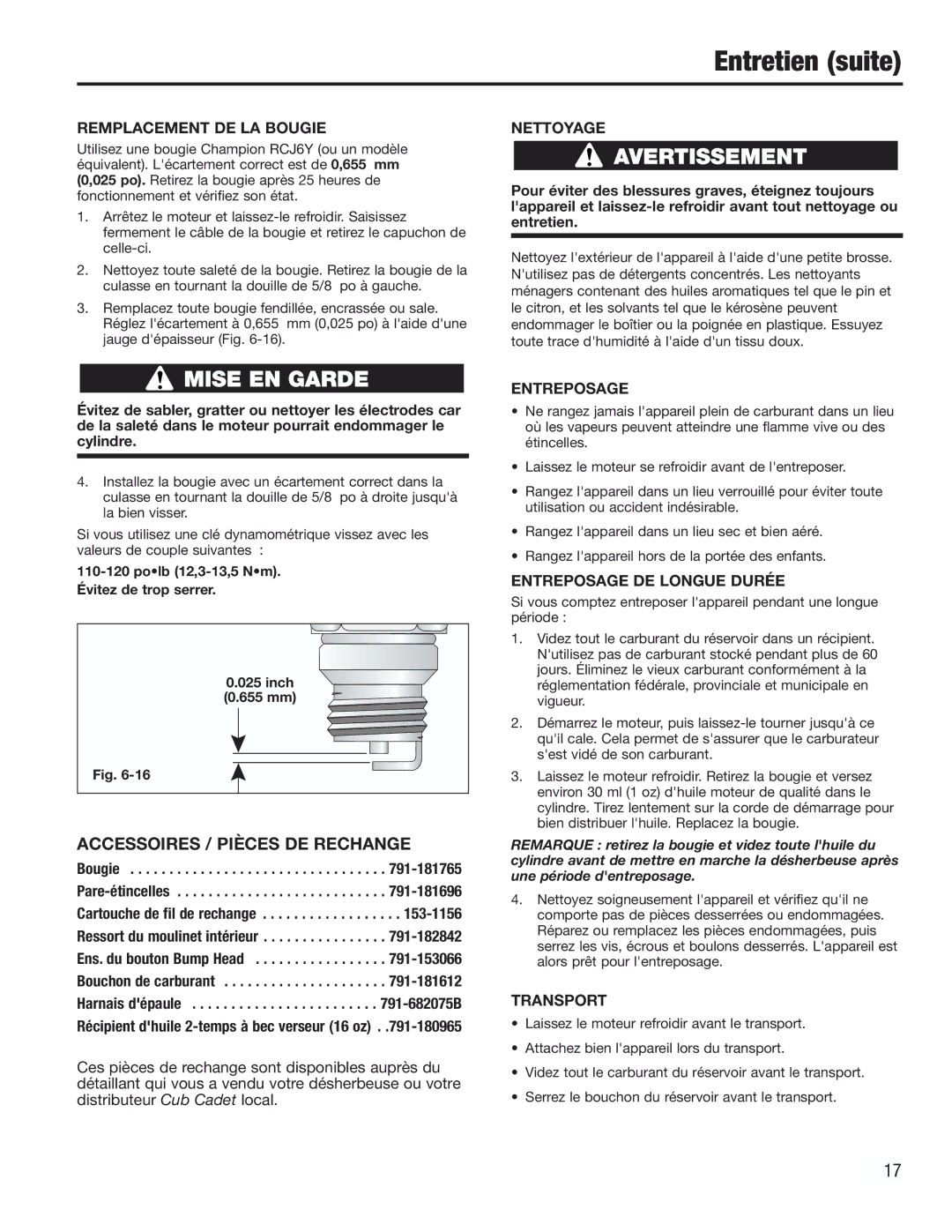 Cub Cadet CC2000 manual Accessoires / Pièces DE Rechange 