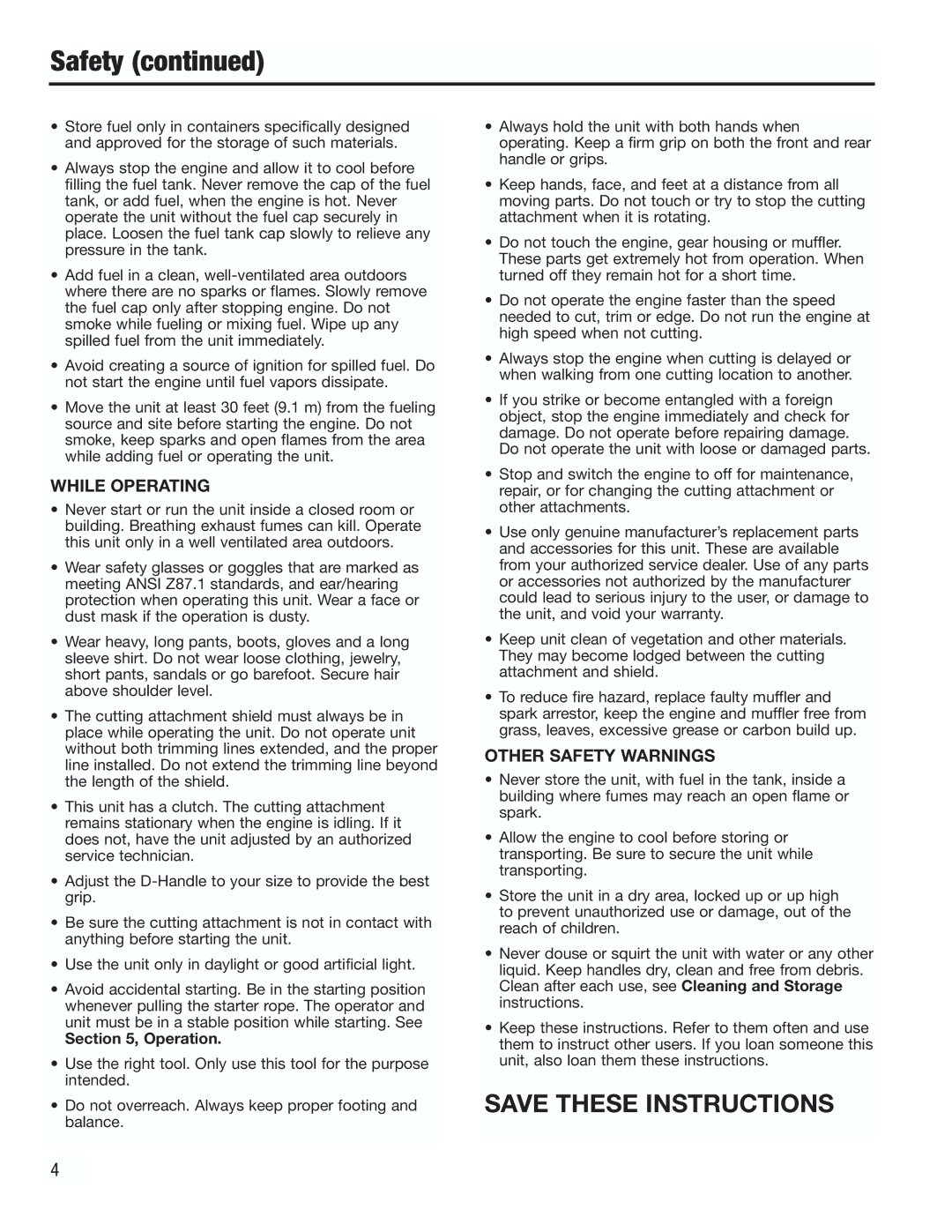 Cub Cadet CC2000 manual While Operating, Other Safety Warnings, Operation 