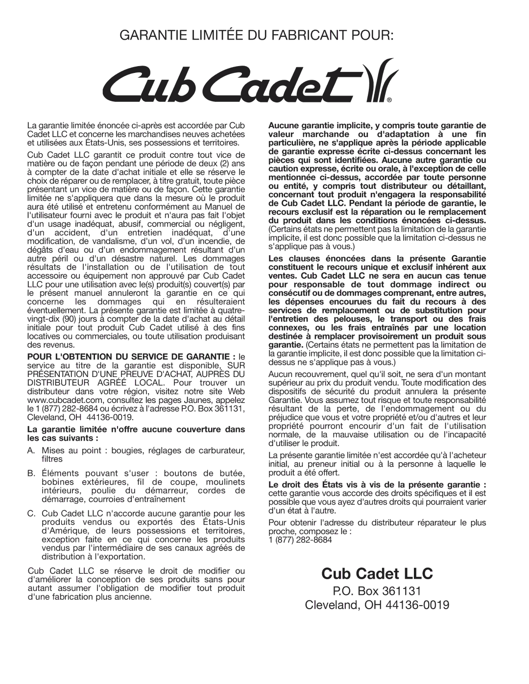 Cub Cadet CC2000 manual Garantie Limitée DU Fabricant Pour 