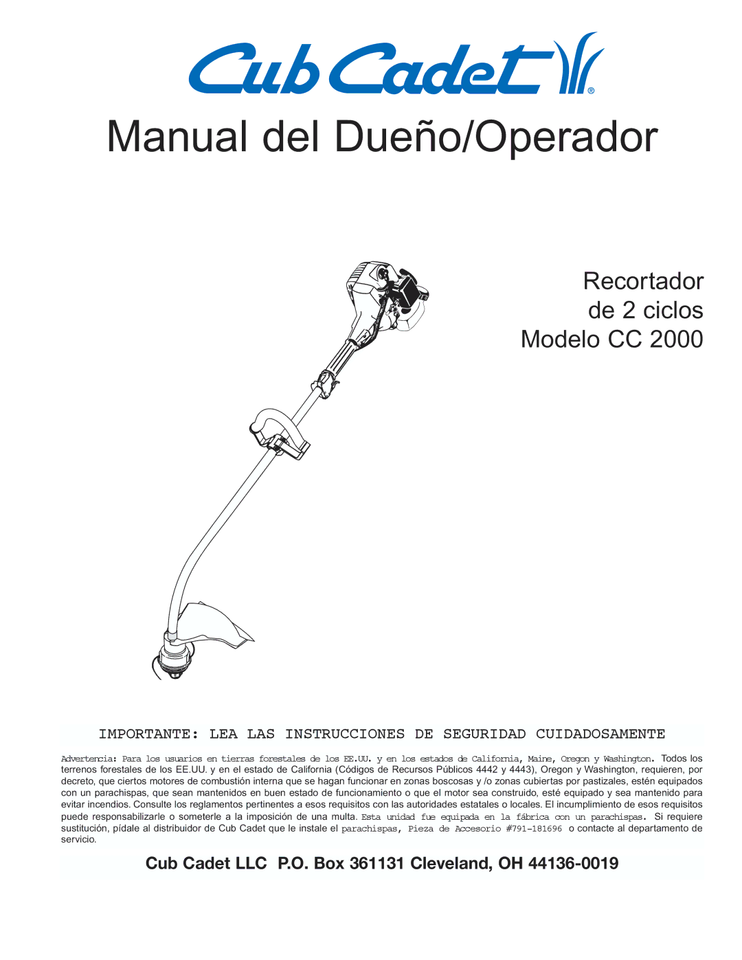 Cub Cadet CC2000 manual Manual del Dueño/Operador 